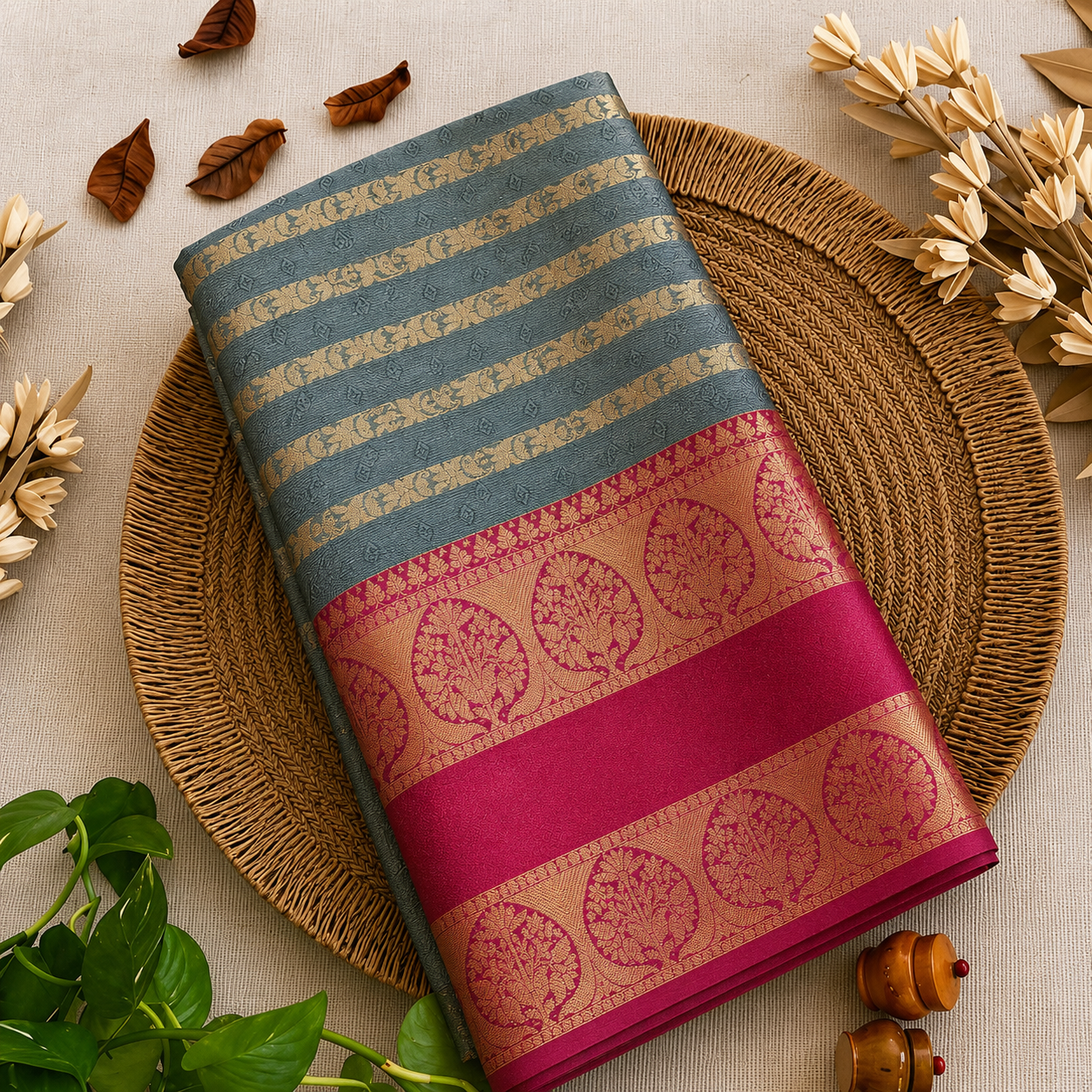 Olive Green Banarasi Soft Silk Saree