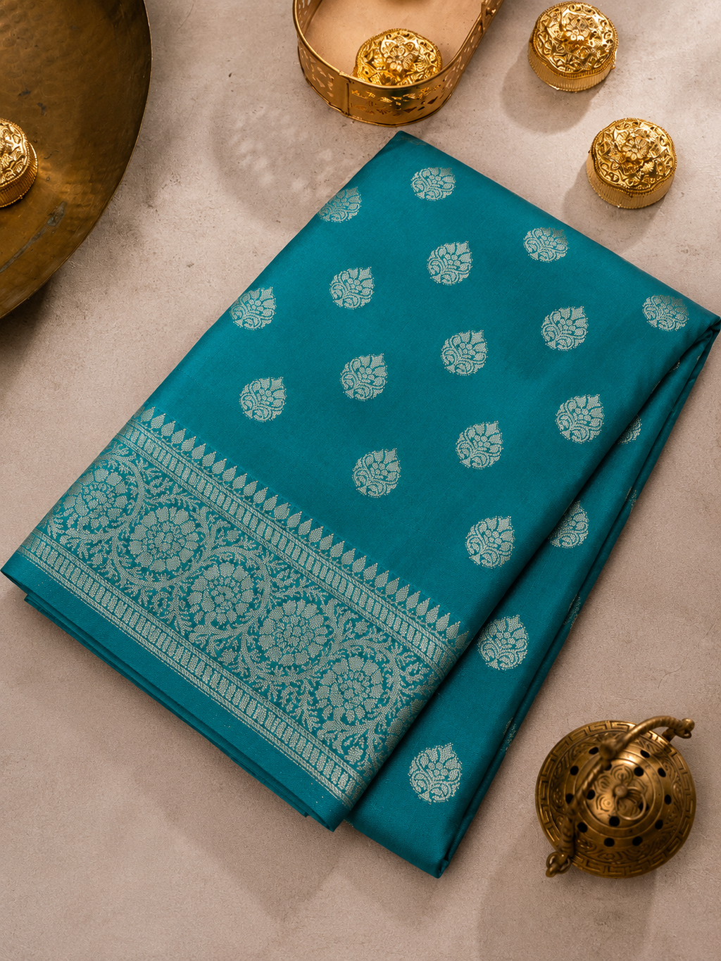 Teal Green Soft Silk Banarasi Saree