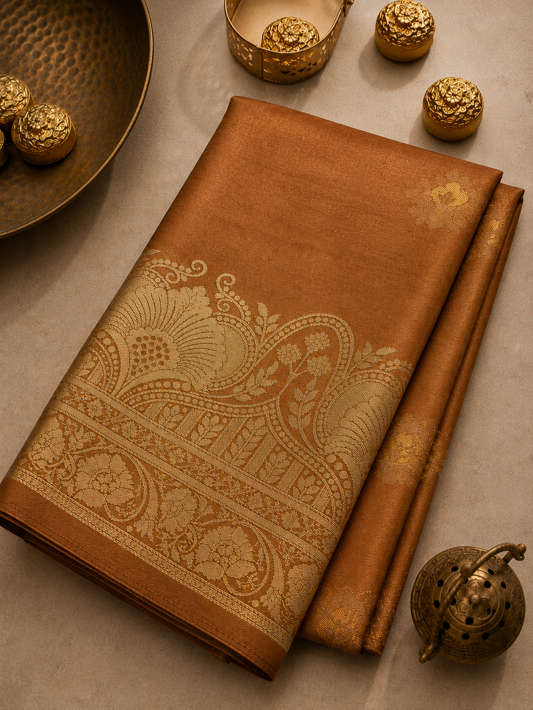 Dusty Gold Soft Silk Banarasi Saree – Traditional Motifs, Banarasi Border & Rich Pallu