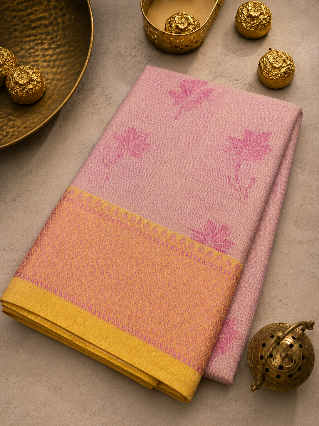 Soft Pink Contrast Border Banarasi Glass Check Saree