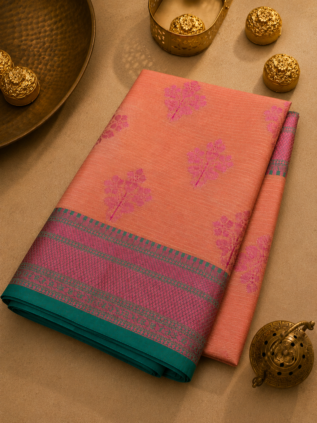 Orange Glass Check Banarasi Saree