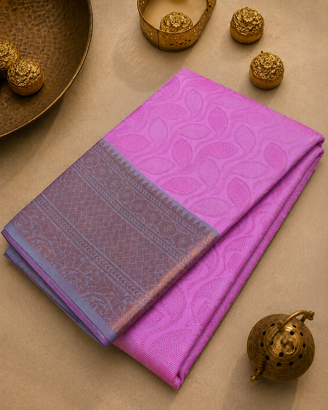 Pink Banarasi Saree – Leaf Tanchoi Weave with Triple Border