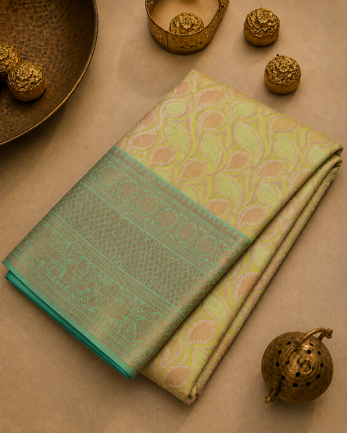 Parrot Green Banarasi Saree –  Leaf Tanchoi Weave with Triple Border