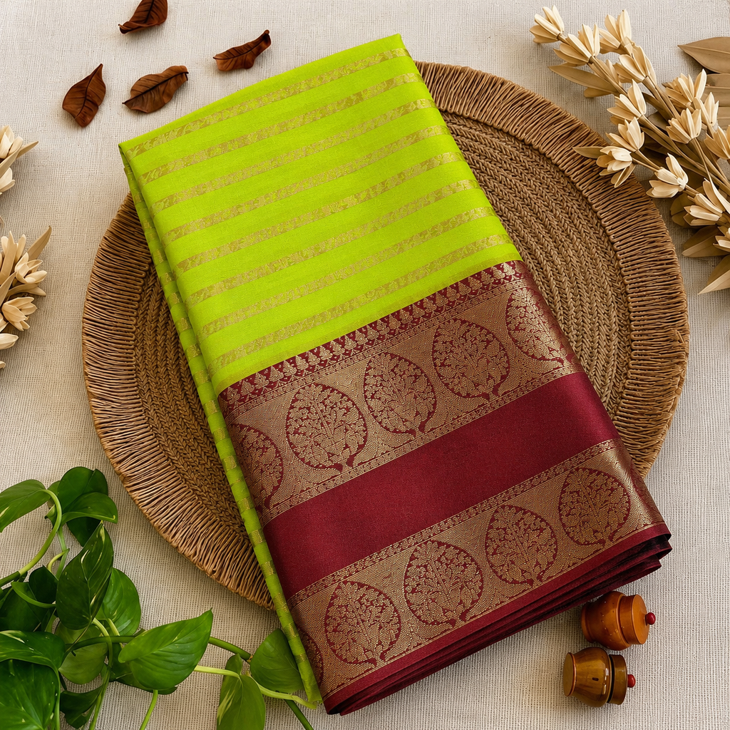 Parrot Green Banarasi Soft Silk Saree | Unique Striped Design with Fancy Contrast Border & Rich Pallu