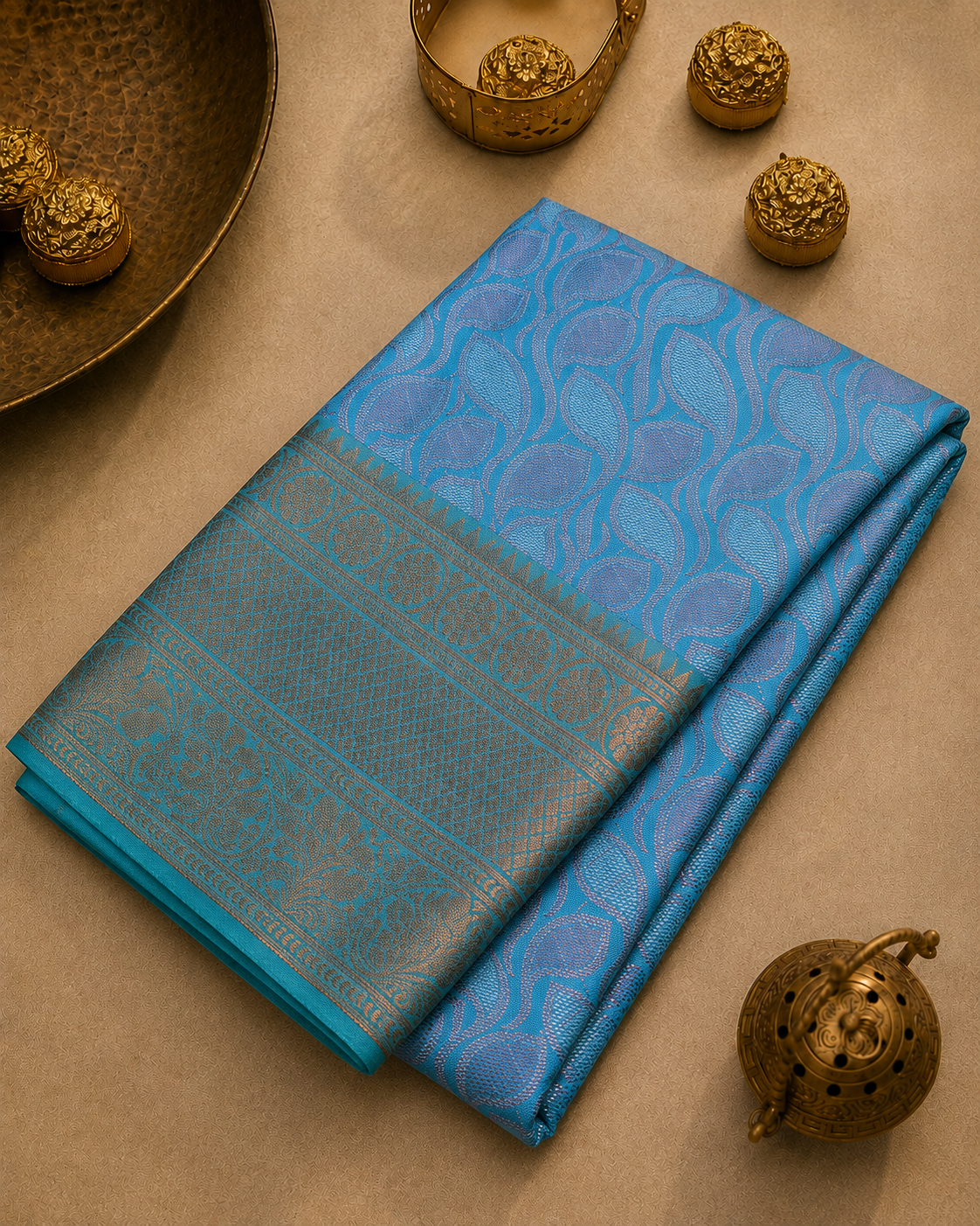 Blue Banarasi Saree – Leaf Tanchoi Weave with Triple Border