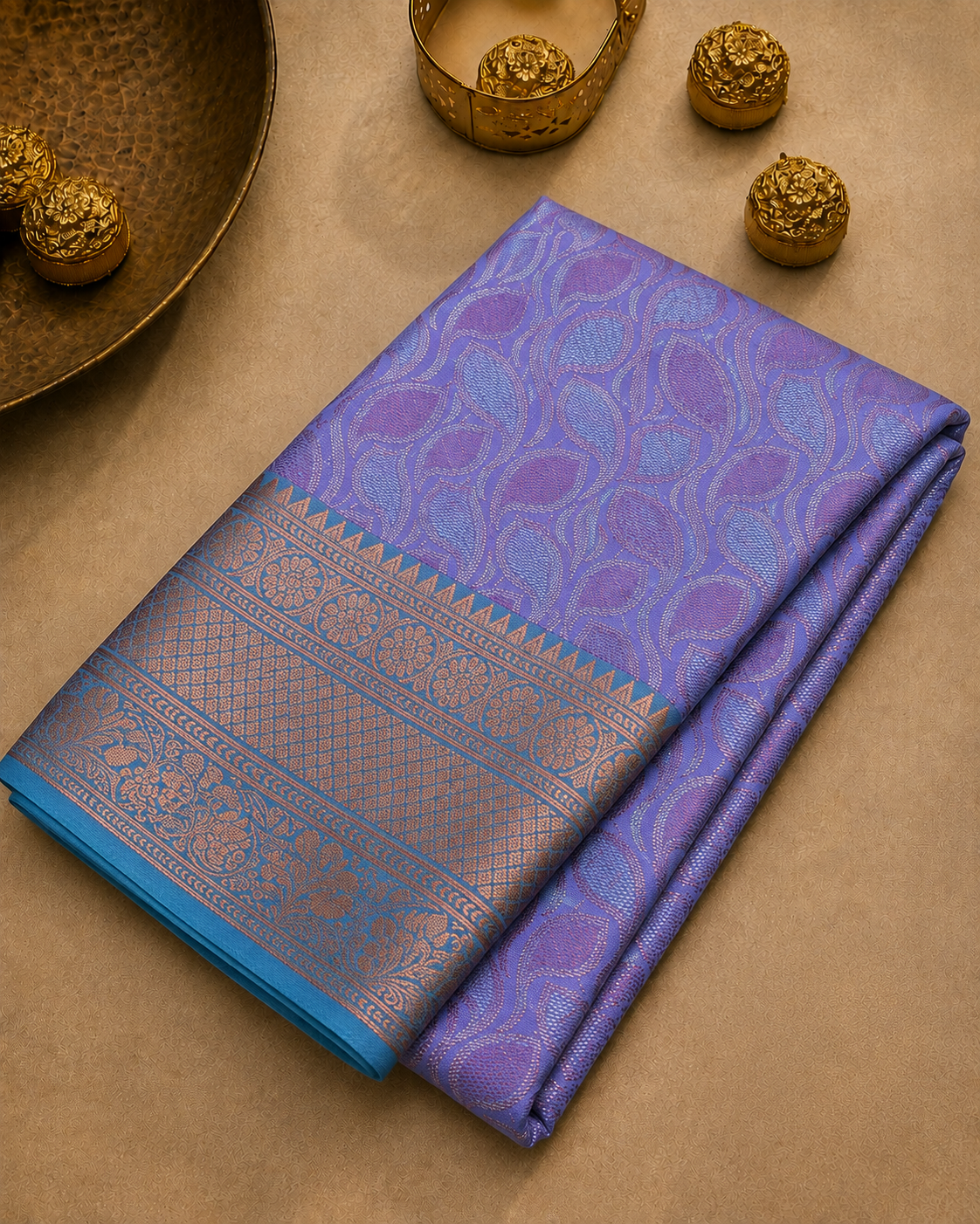 Purple Fancy Banarasi Saree – Leaf Tanchoi Weave with Triple Border