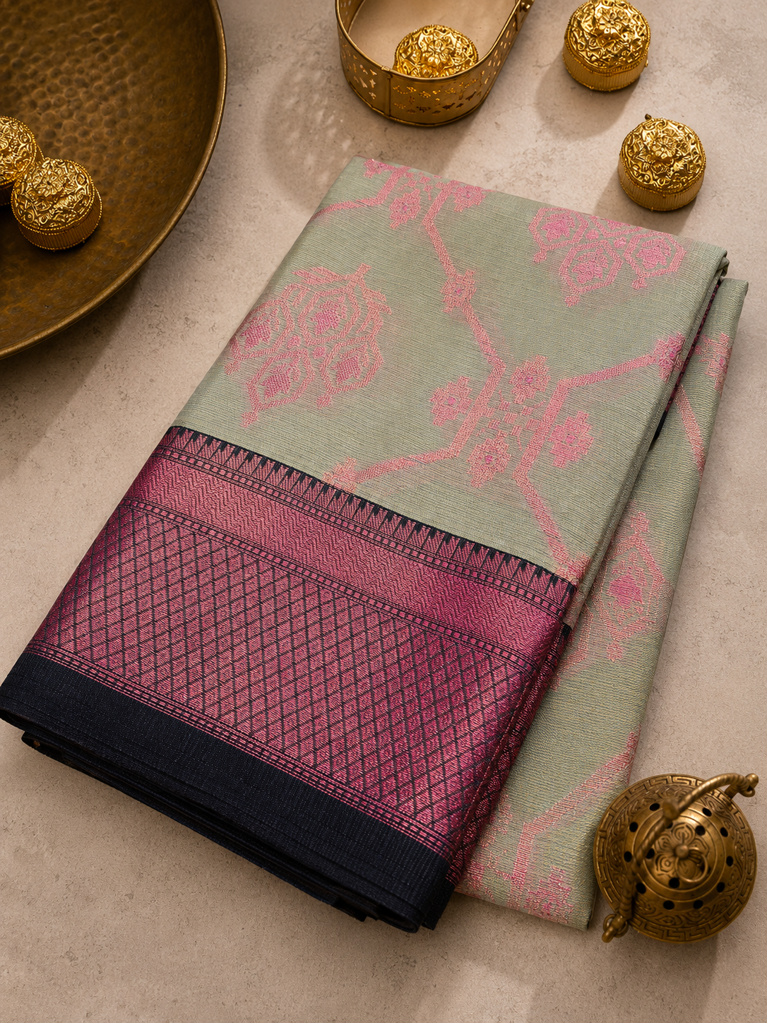 Pistachio Green Banarasi Glass Check Saree