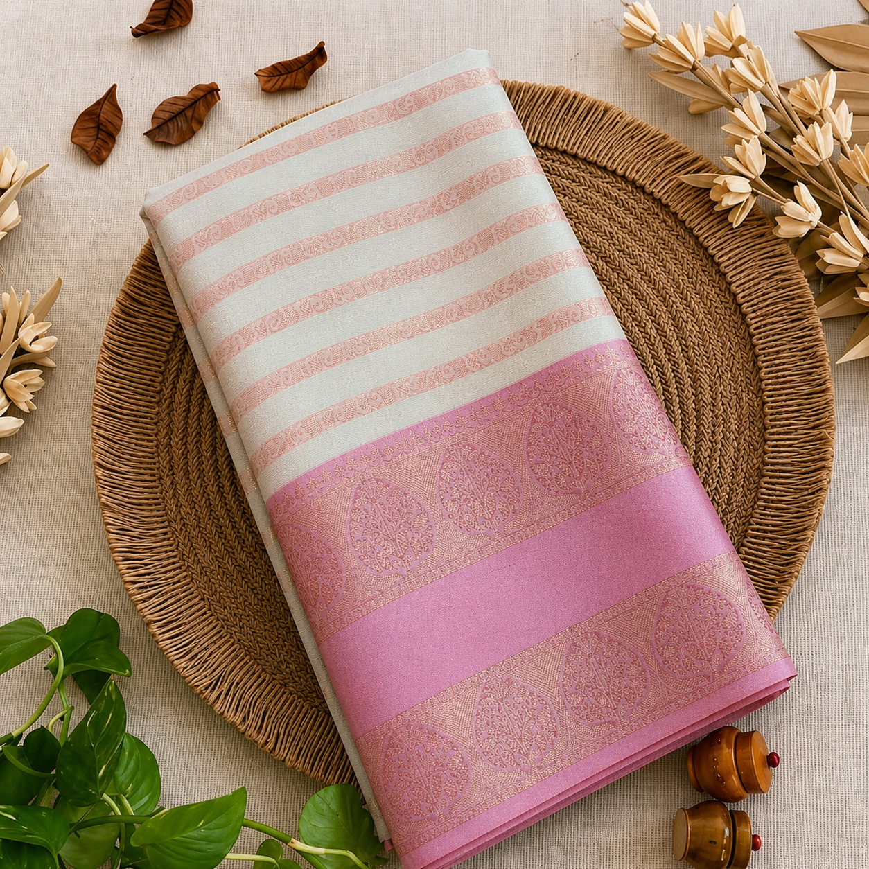 Off White Banarasi Art Silk Saree with Striped Design