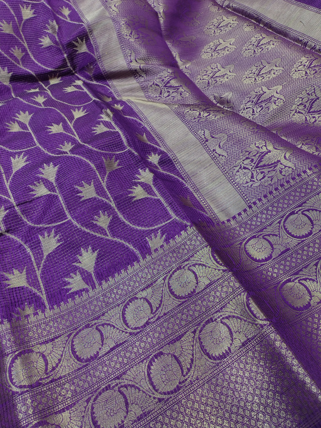 Purple Glass Check Banarasi Saree – Forest Jaal & Dual Border