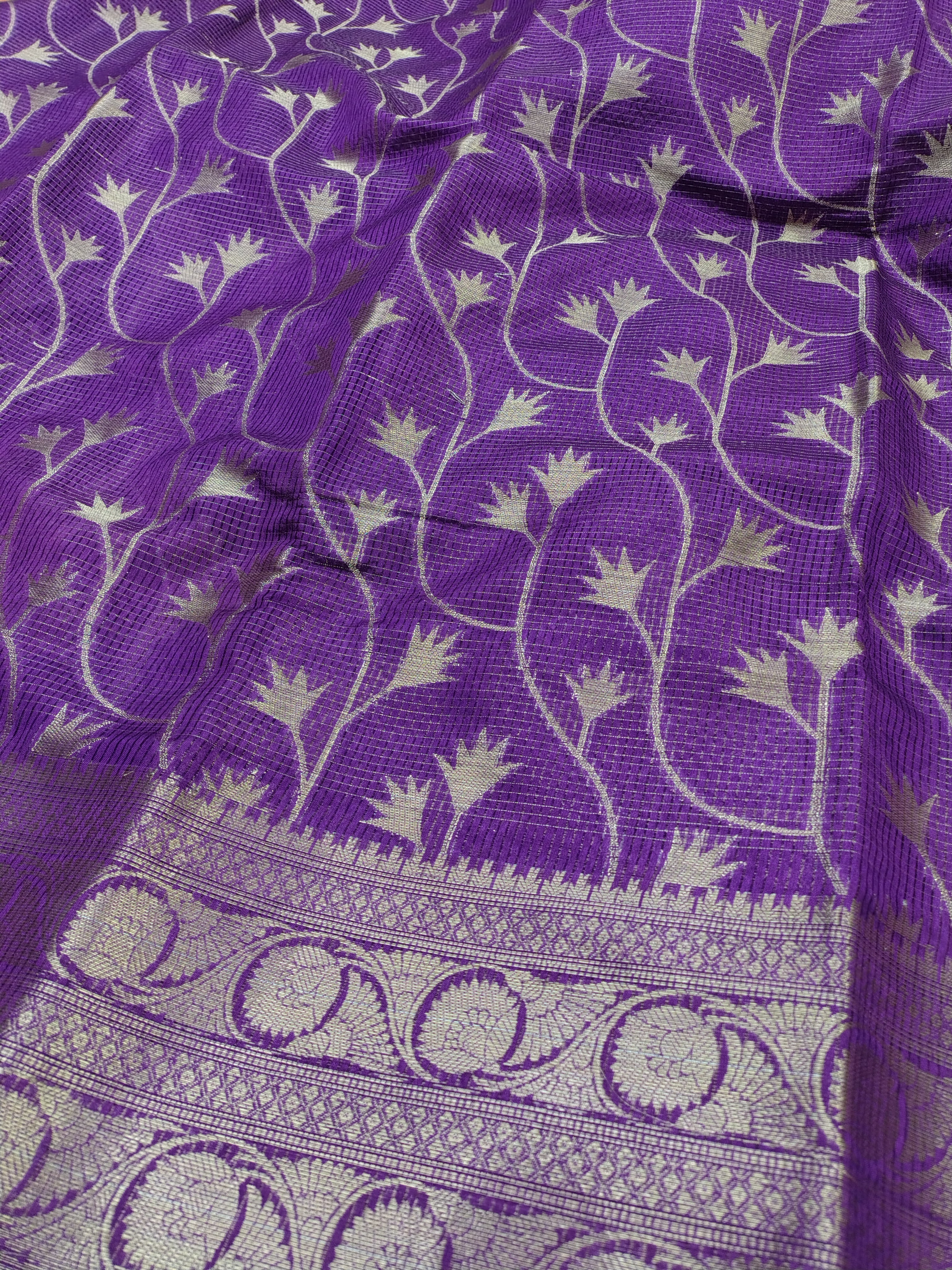 Purple Glass Check Banarasi Saree – Forest Jaal & Dual Border