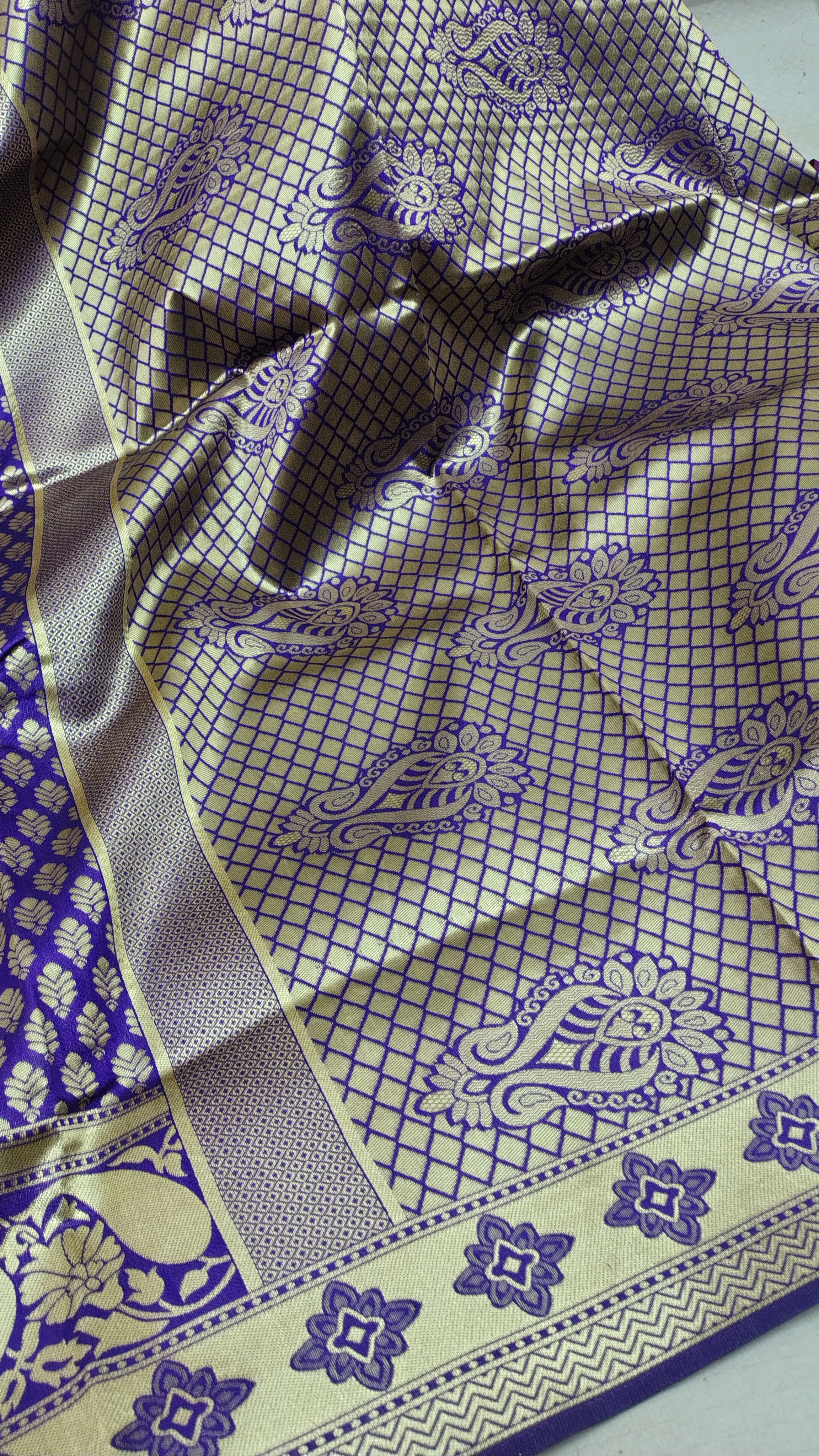 Violet Banarasi Soft Art Silk Saree | All-Over Traditional Zari Motifs with Rich Pallu & Designer Border