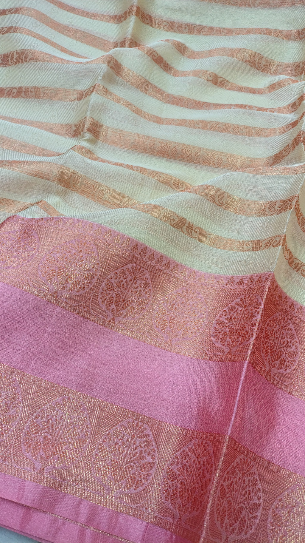 Off White Banarasi Art Silk Saree with Striped Design