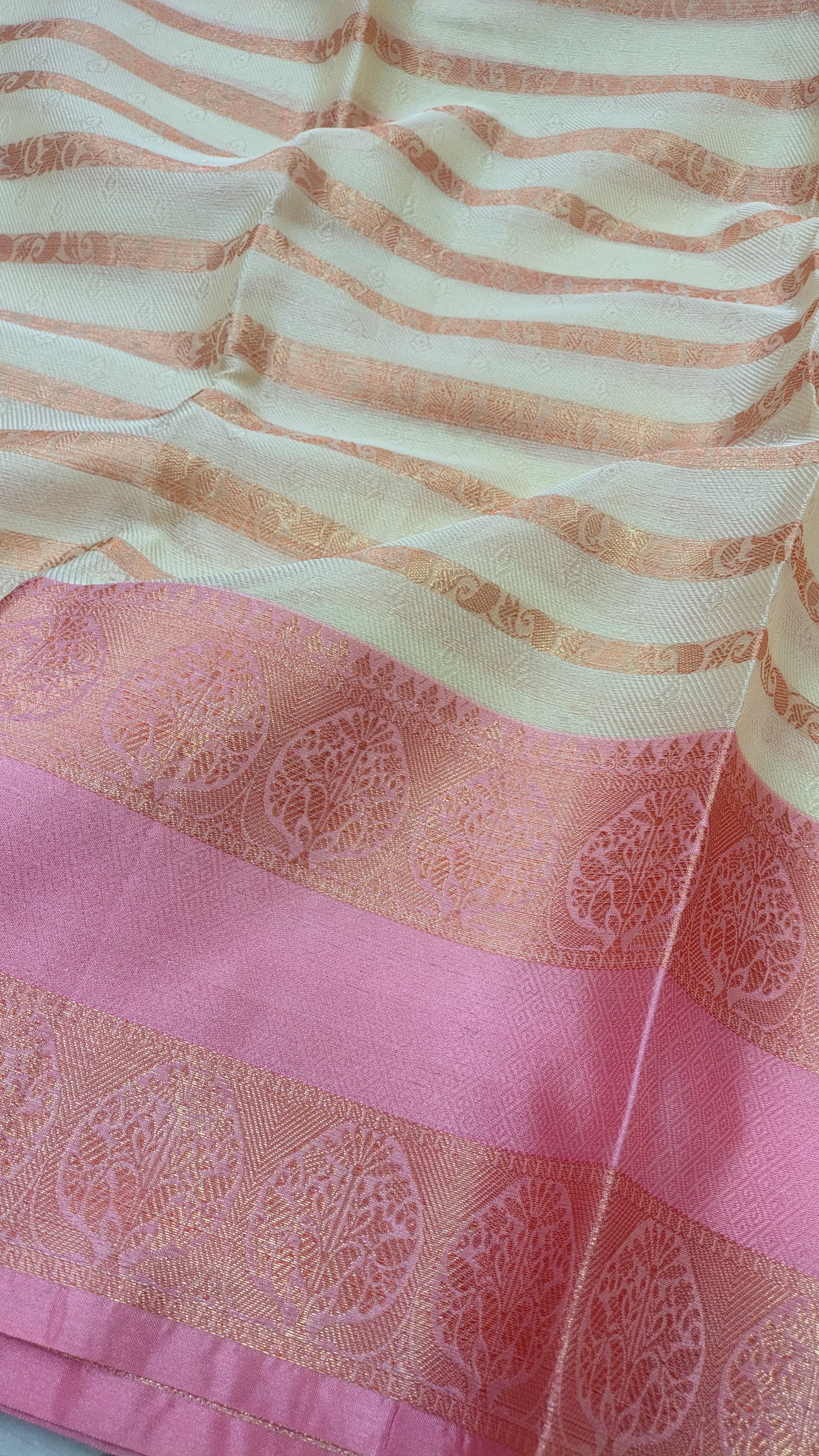 Off White Banarasi Art Silk Saree with Striped Design
