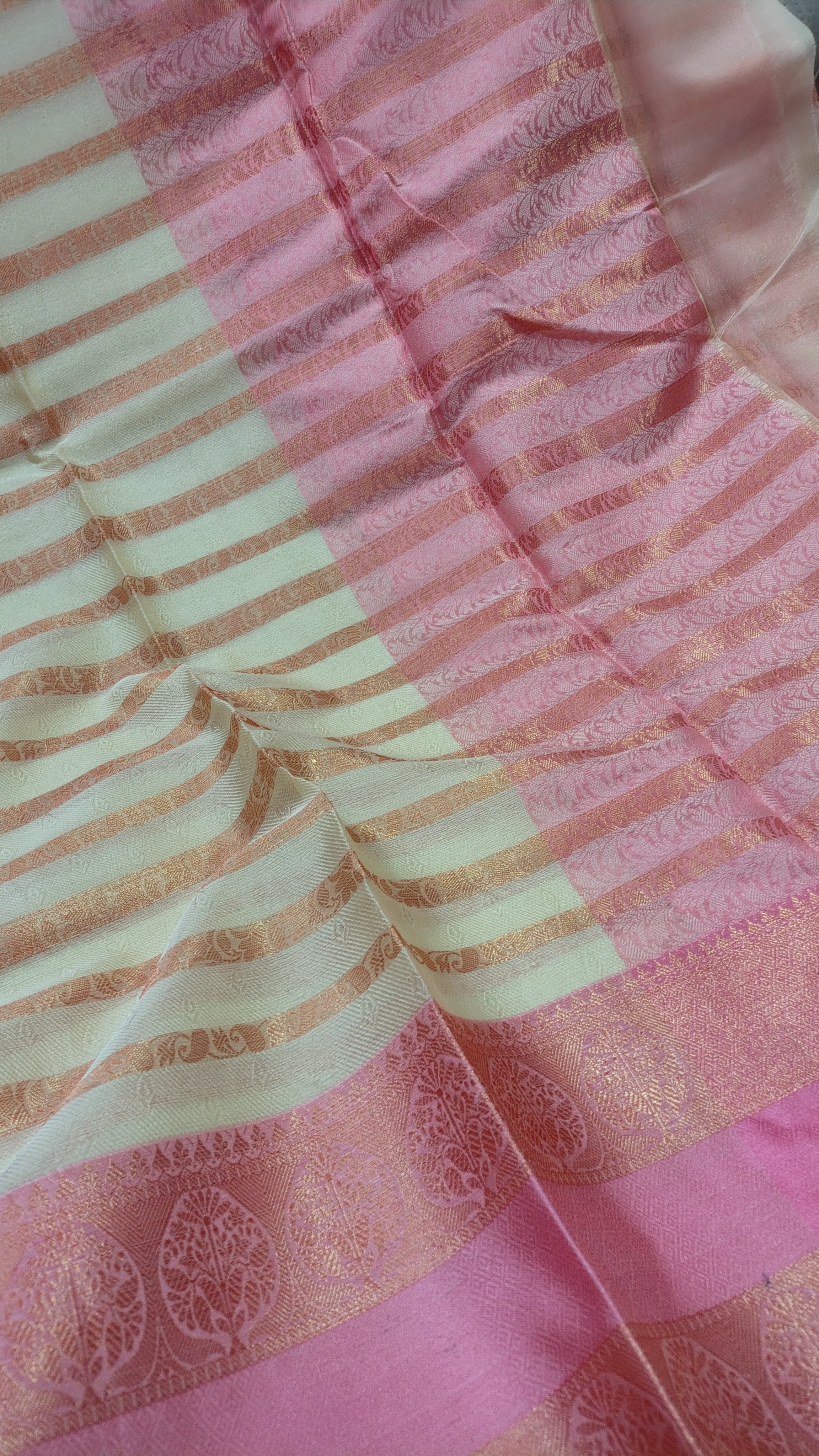 Off White Banarasi Art Silk Saree with Striped Design