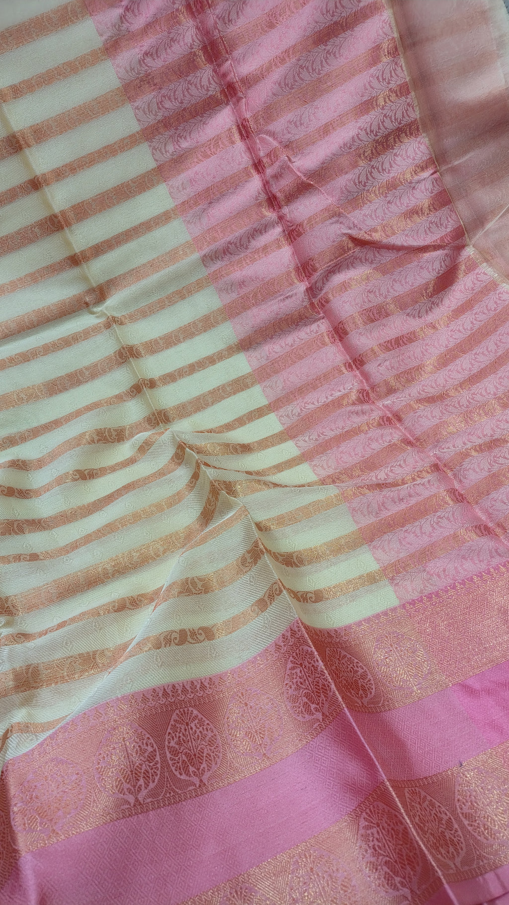Off White Banarasi Art Silk Saree with Striped Design