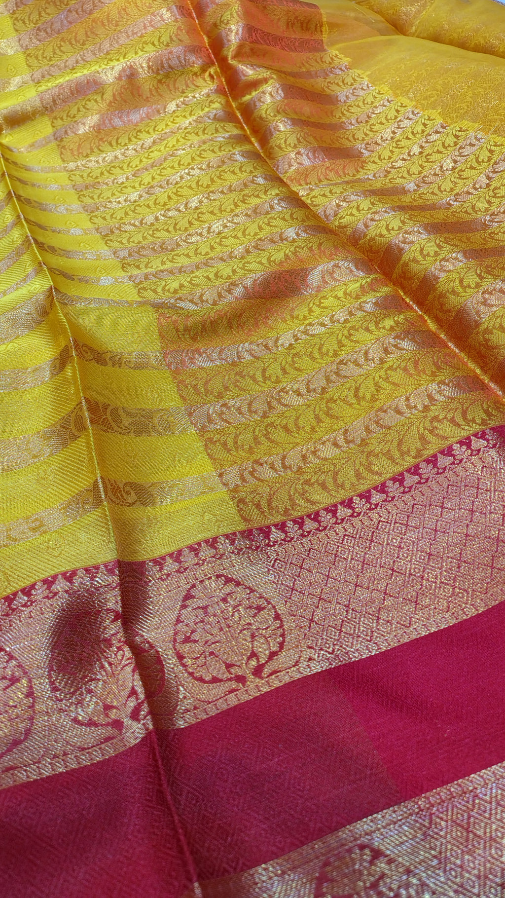Parrot Green Banarasi Soft Silk Saree | Unique Striped Design with Fancy Contrast Border & Rich Pallu