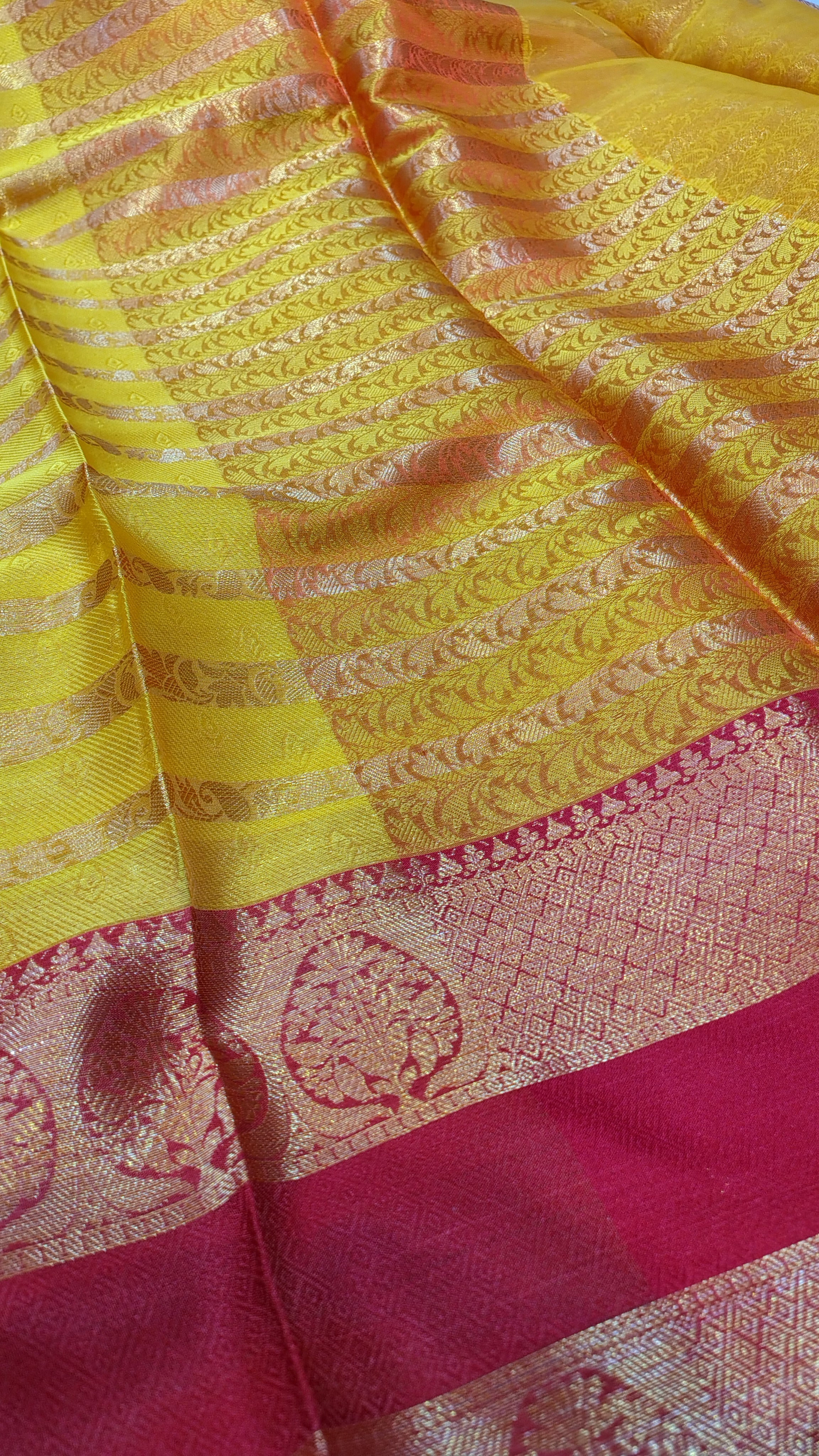 Parrot Green Banarasi Soft Silk Saree | Unique Striped Design with Fancy Contrast Border & Rich Pallu