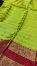 Parrot Green Banarasi Soft Silk Saree | Unique Striped Design with Fancy Contrast Border & Rich Pallu