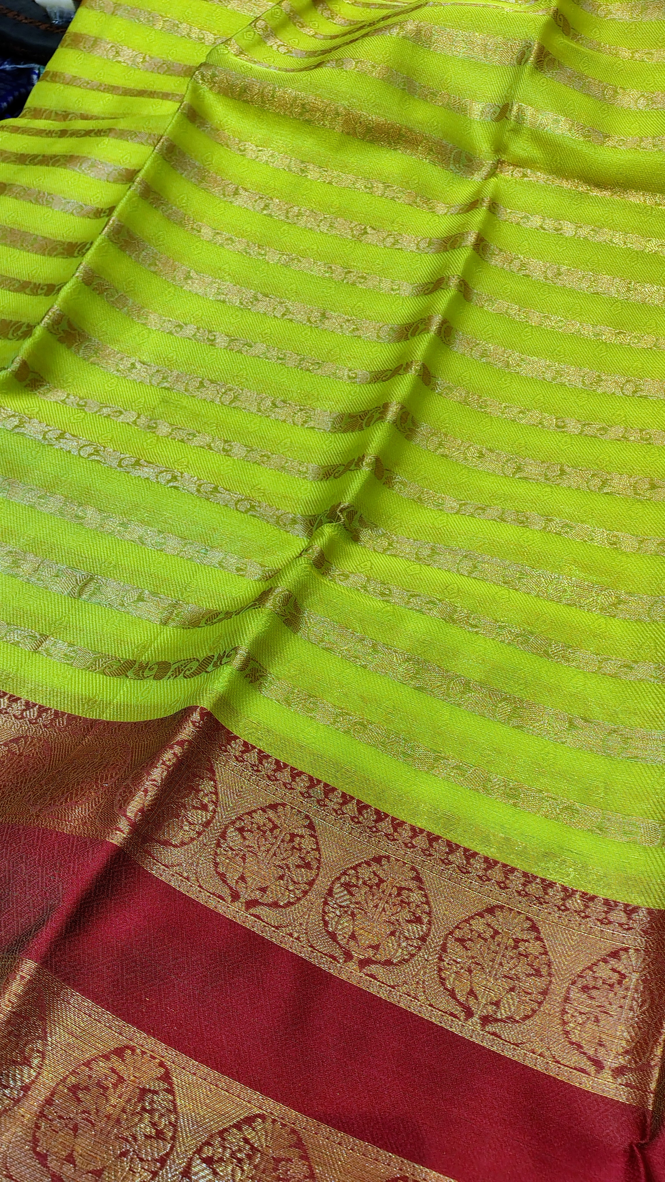Parrot Green Banarasi Soft Silk Saree | Unique Striped Design with Fancy Contrast Border & Rich Pallu