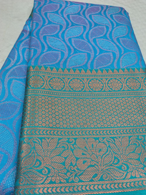 Blue Banarasi Saree – Leaf Tanchoi Weave with Triple Border