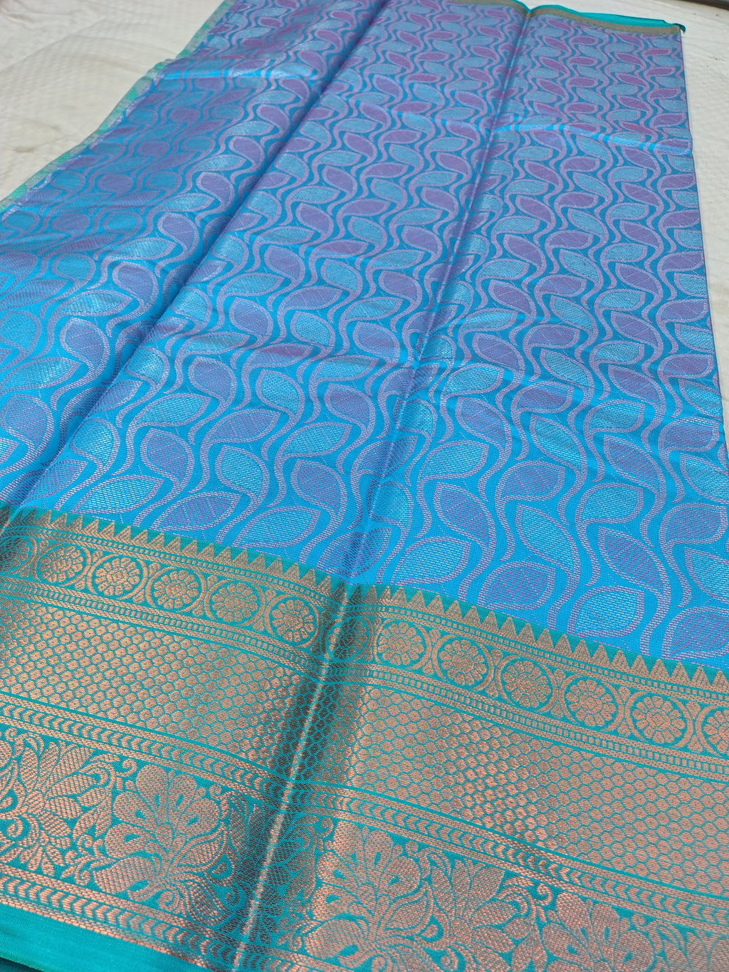 Blue Banarasi Saree – Leaf Tanchoi Weave with Triple Border
