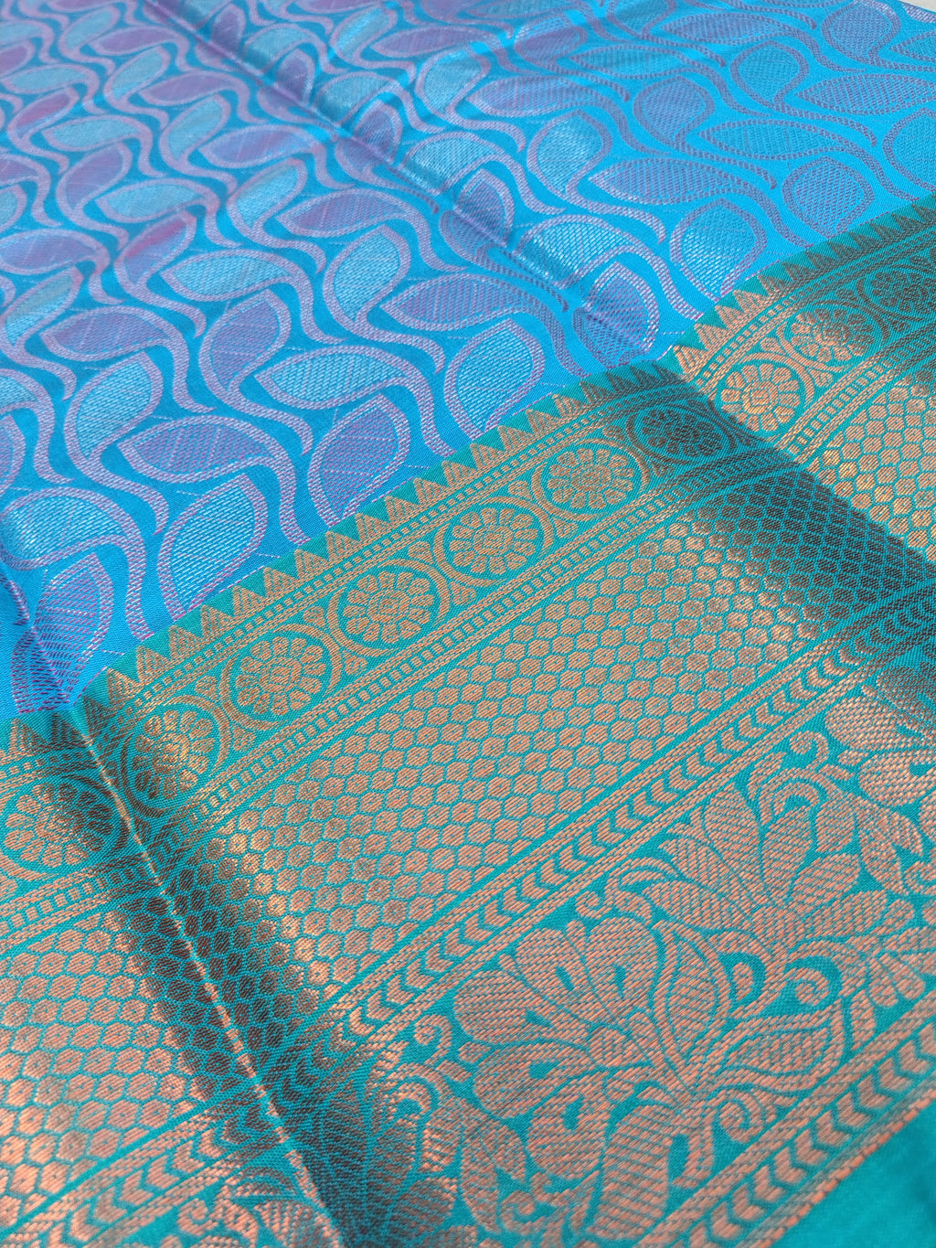 Blue Banarasi Saree – Leaf Tanchoi Weave with Triple Border