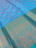 Blue Banarasi Saree – Leaf Tanchoi Weave with Triple Border