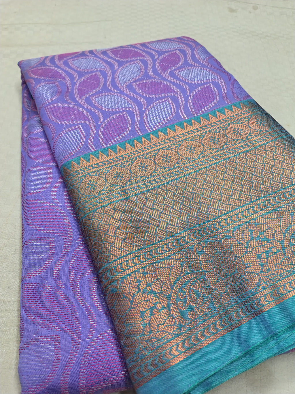 Purple Fancy Banarasi Saree – Leaf Tanchoi Weave with Triple Border