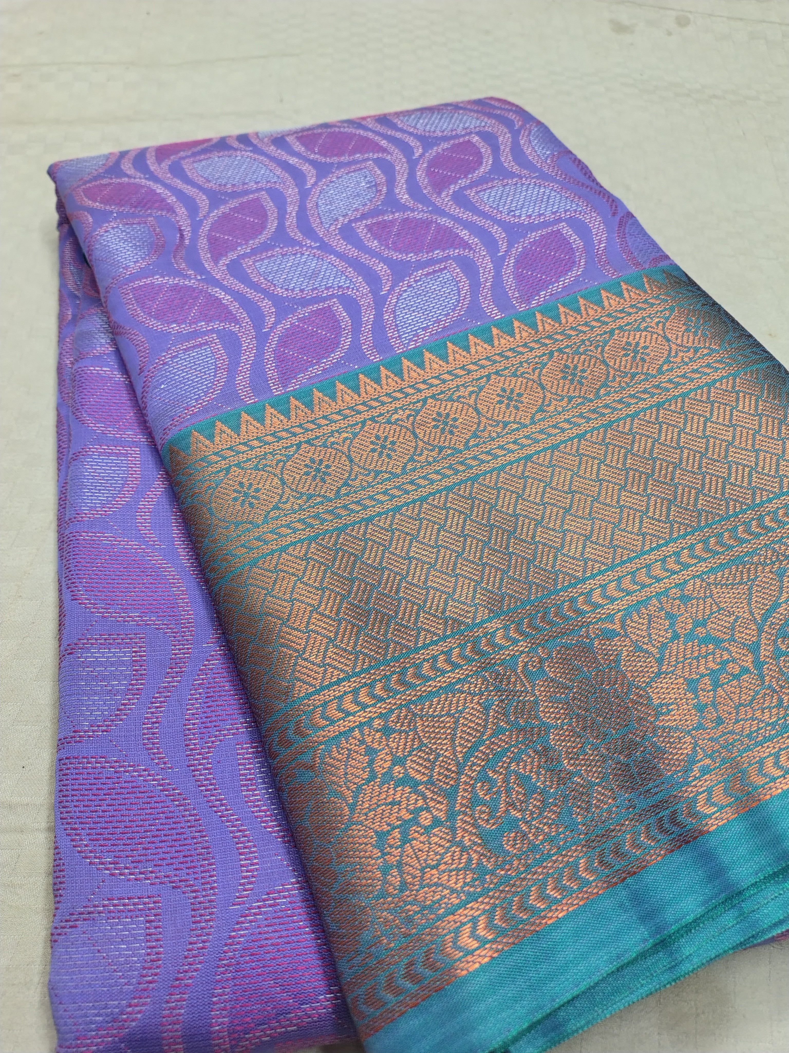 Purple Fancy Banarasi Saree – Leaf Tanchoi Weave with Triple Border