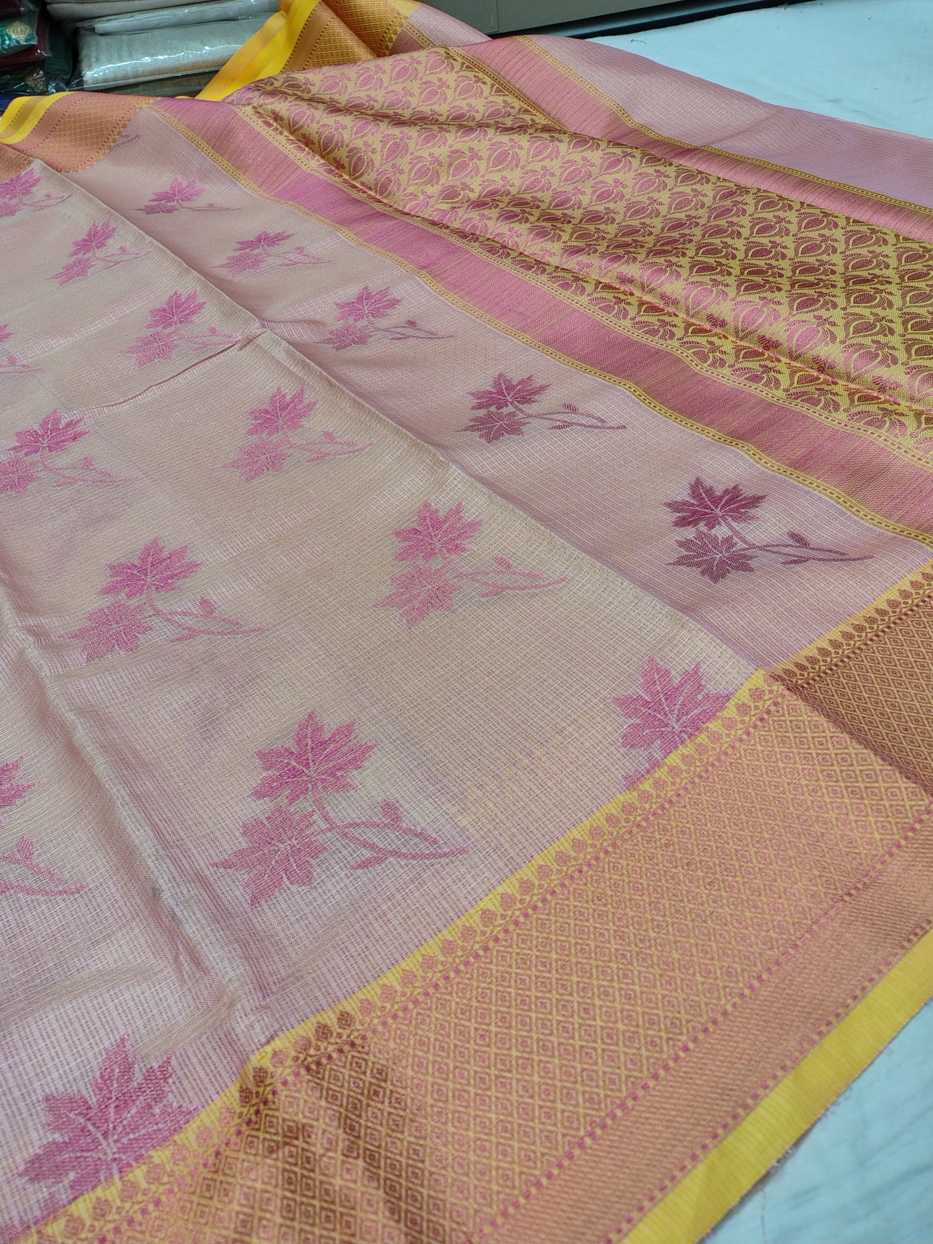 Soft Pink Contrast Border Banarasi Glass Check Saree