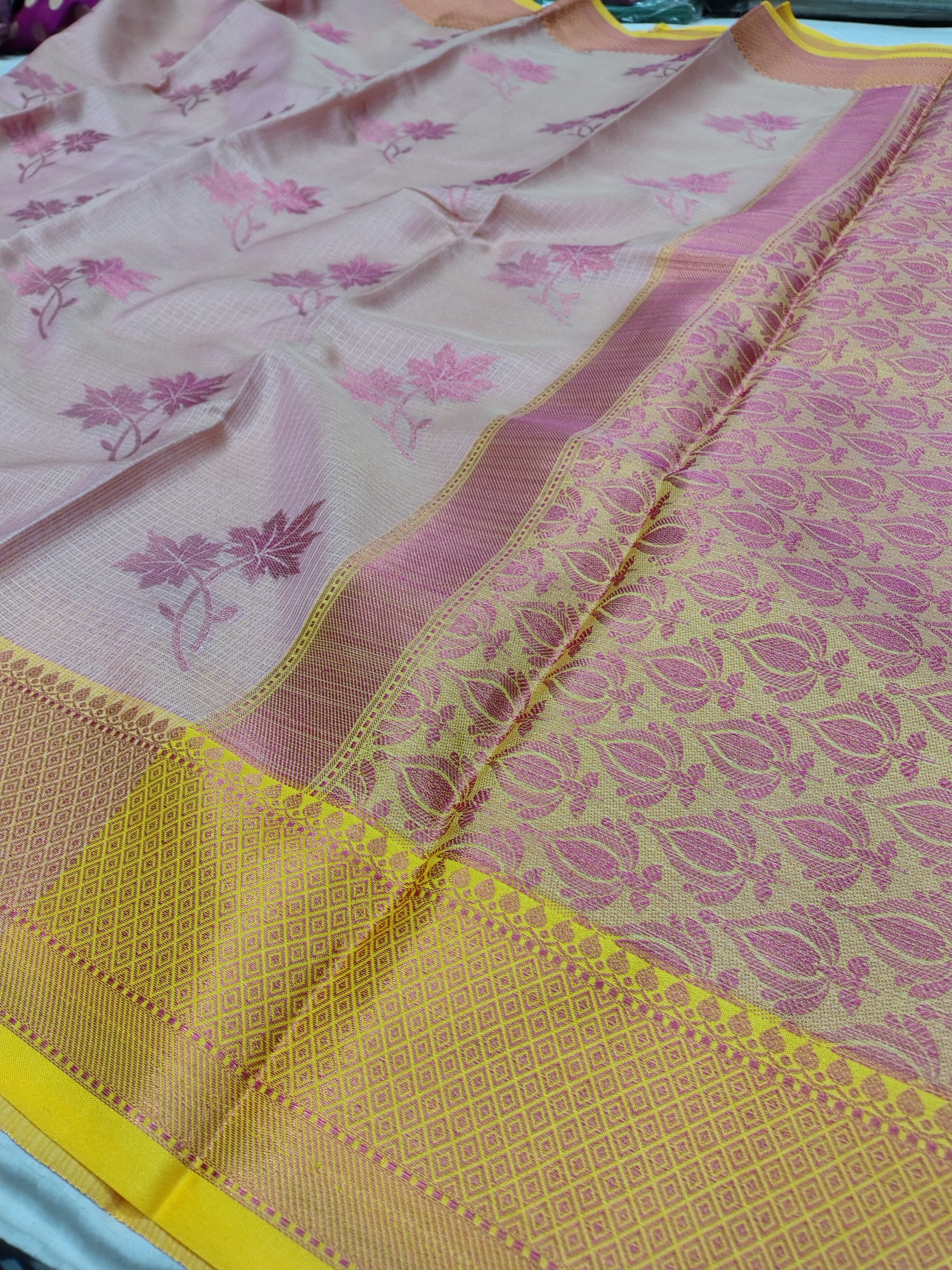 Soft Pink Contrast Border Banarasi Glass Check Saree