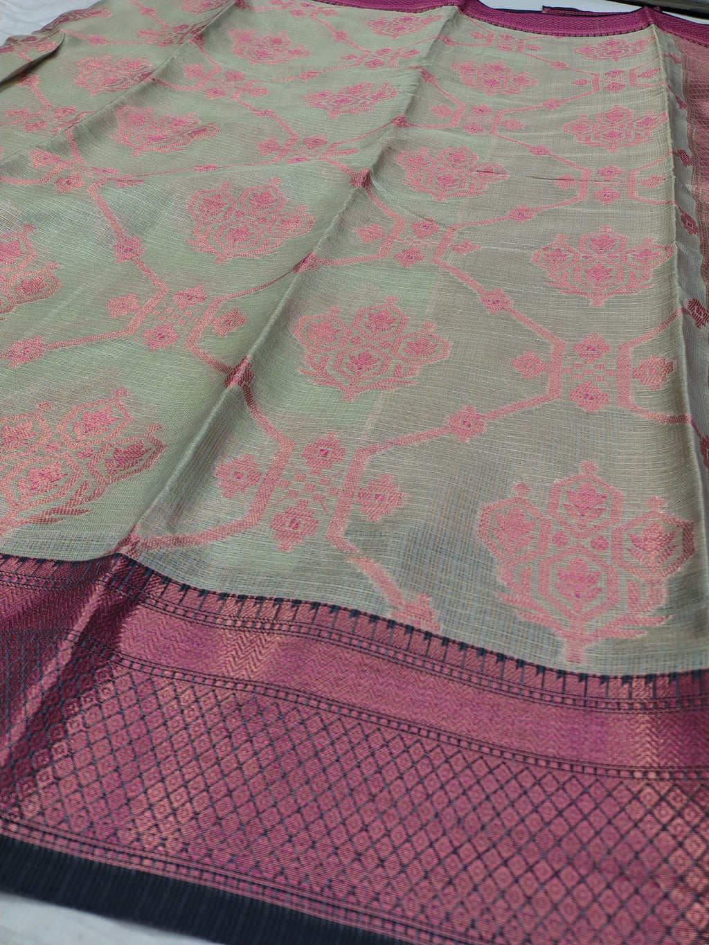 Pistachio Green Banarasi Glass Check Saree
