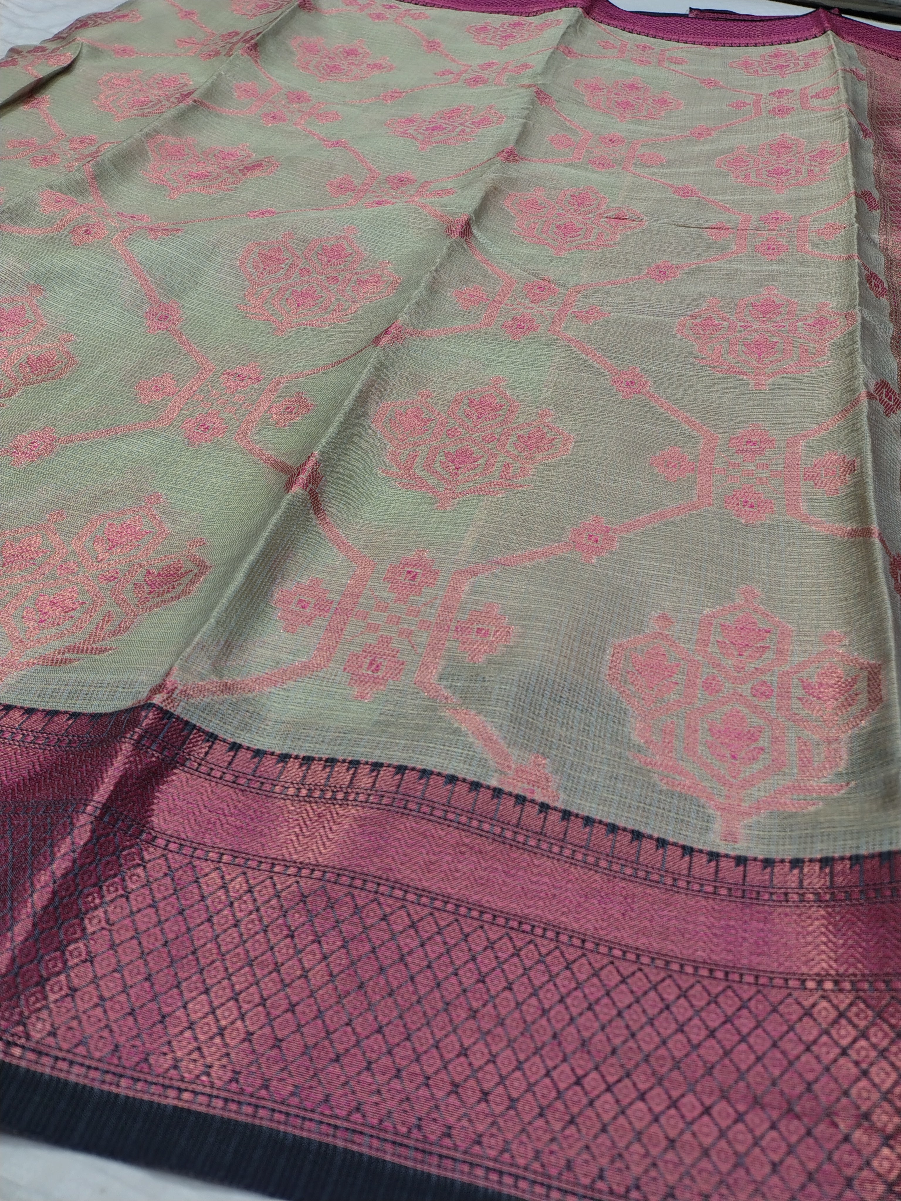 Pistachio Green Banarasi Glass Check Saree