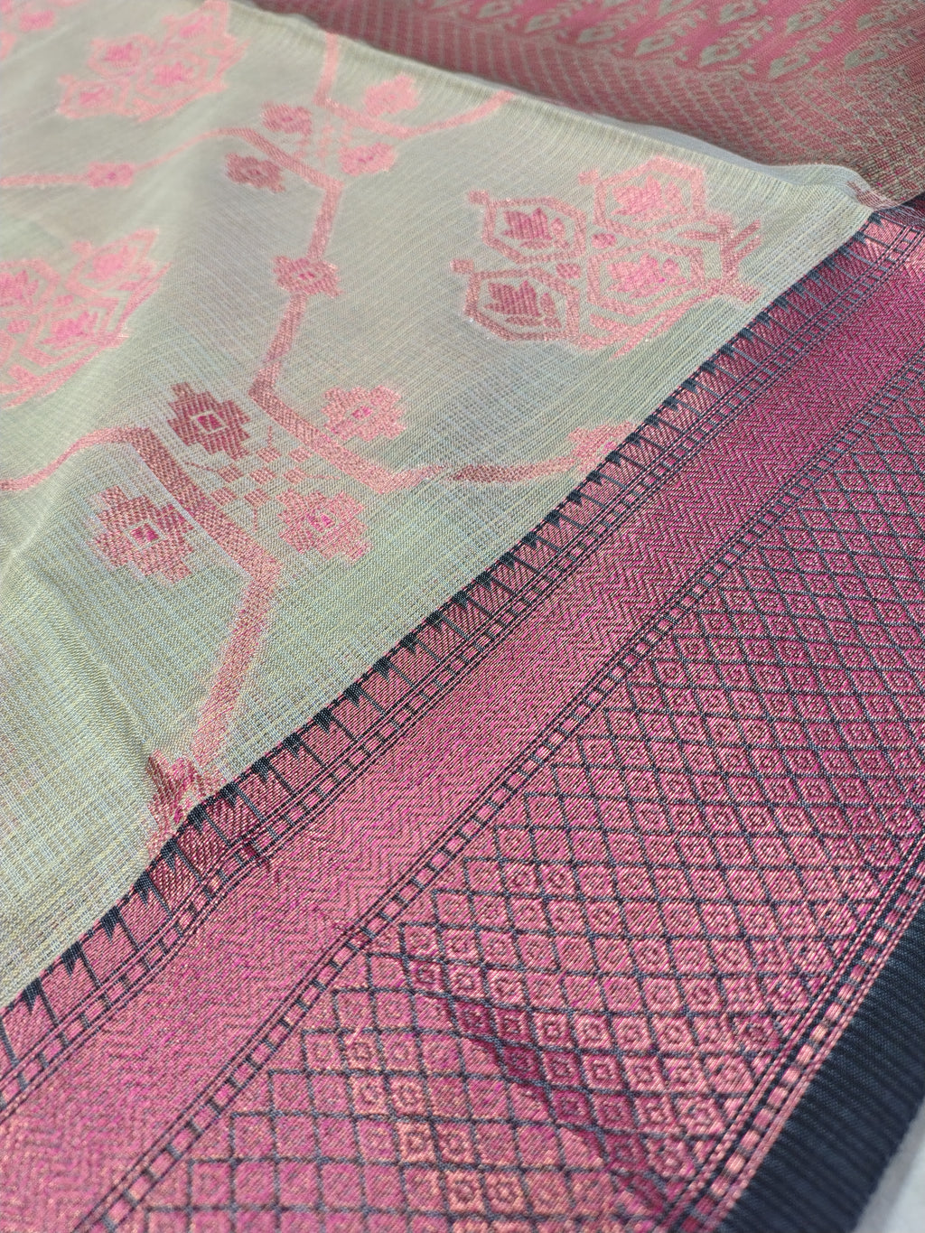 Pistachio Green Banarasi Glass Check Saree