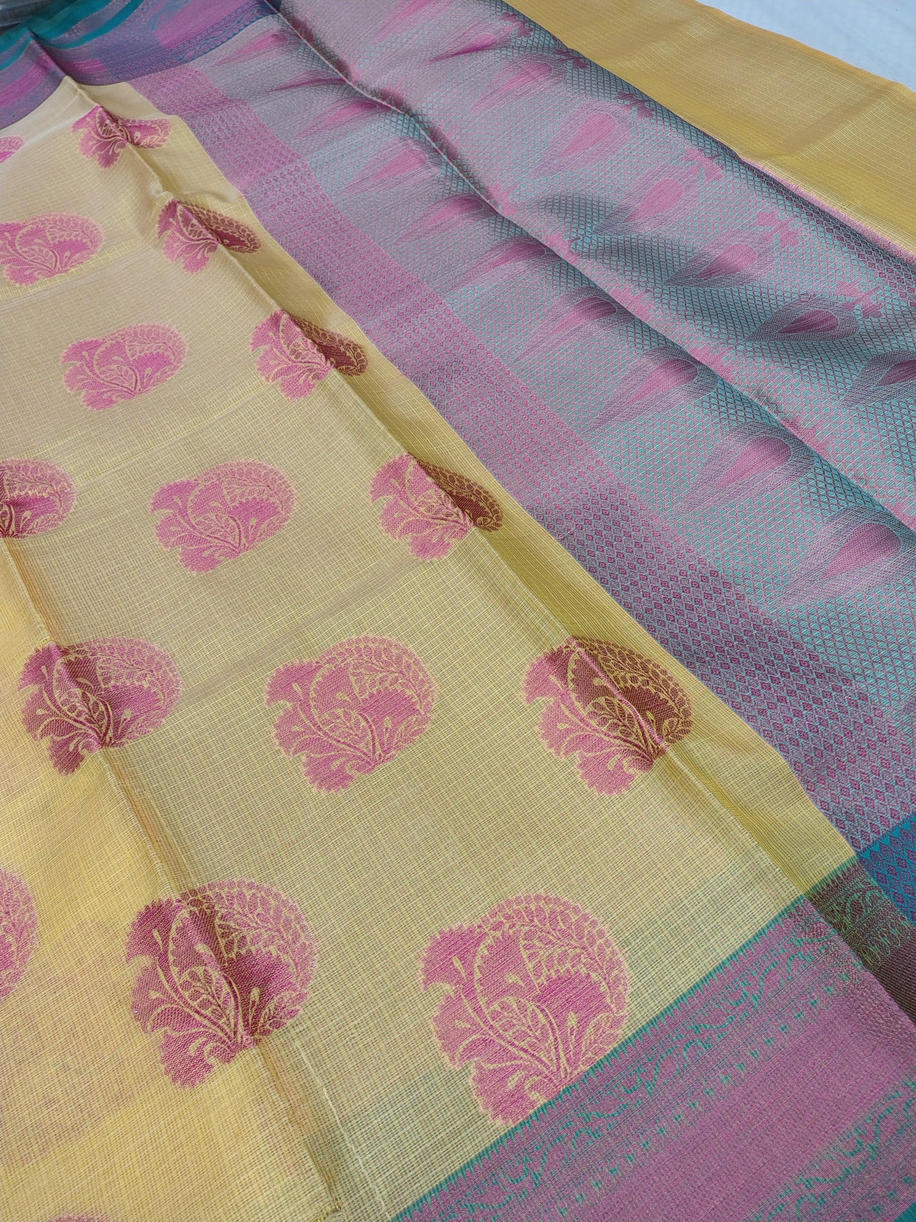 Yellow Glass Check Banarasi Saree