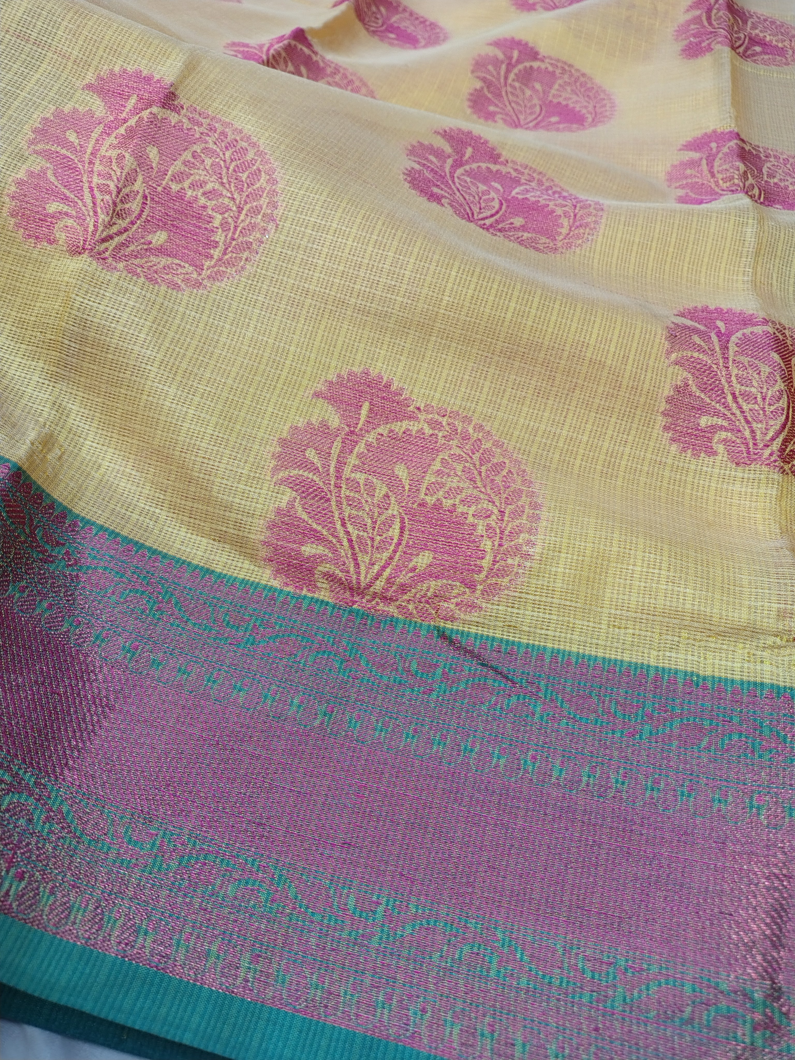 Yellow Glass Check Banarasi Saree