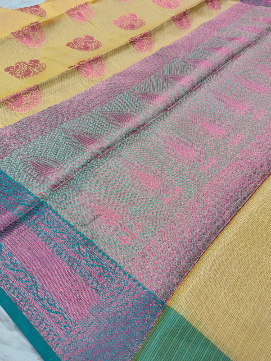 Yellow Glass Check Banarasi Saree