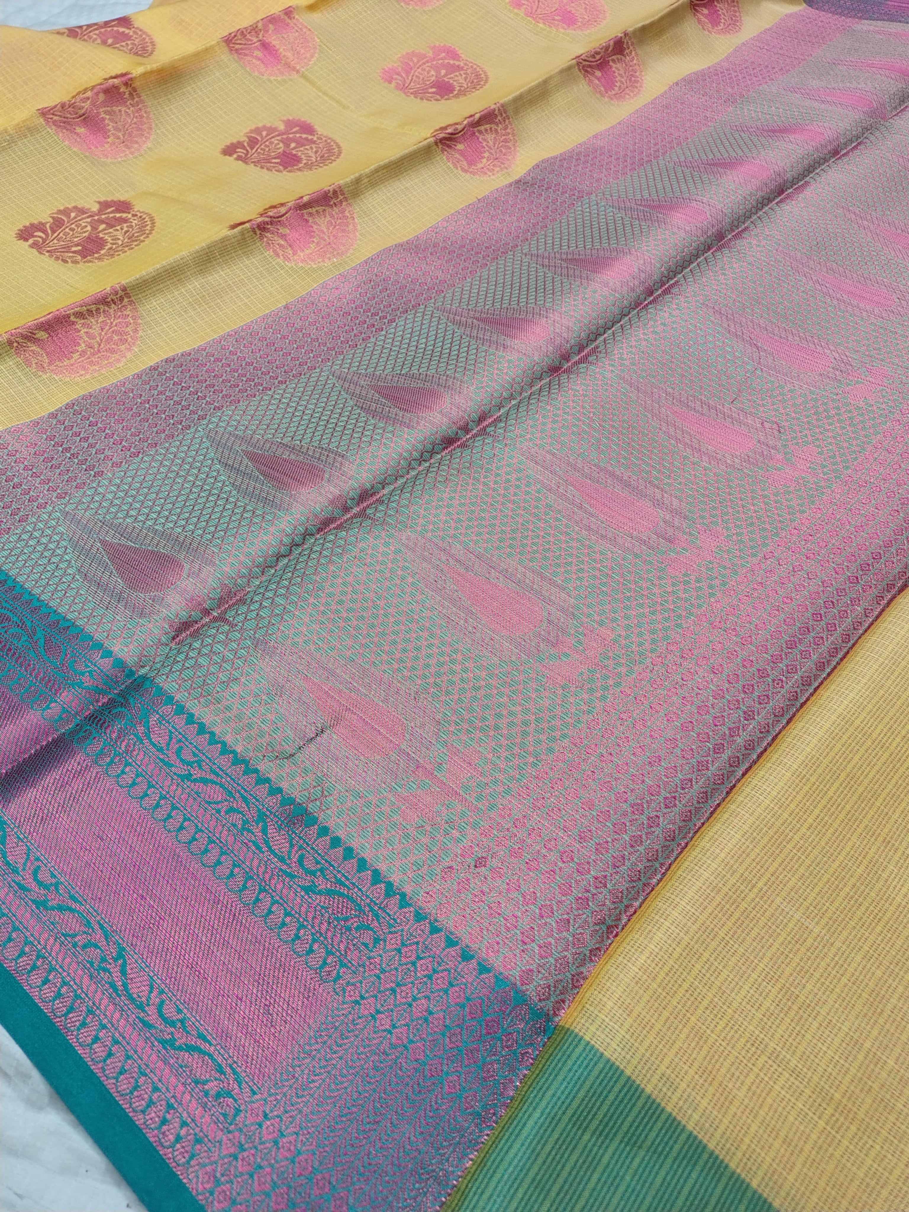 Yellow Glass Check Banarasi Saree
