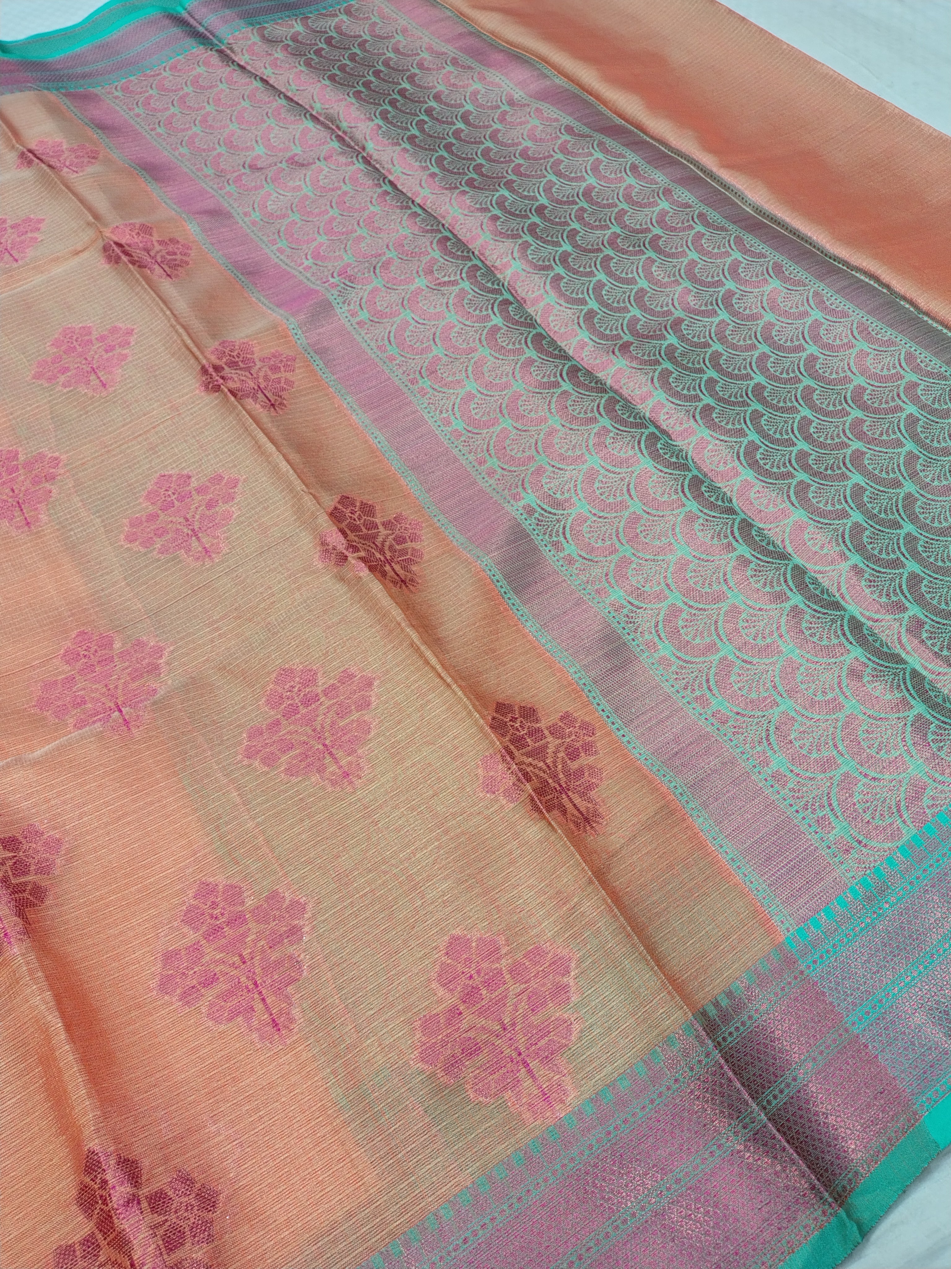 Orange Glass Check Banarasi Saree