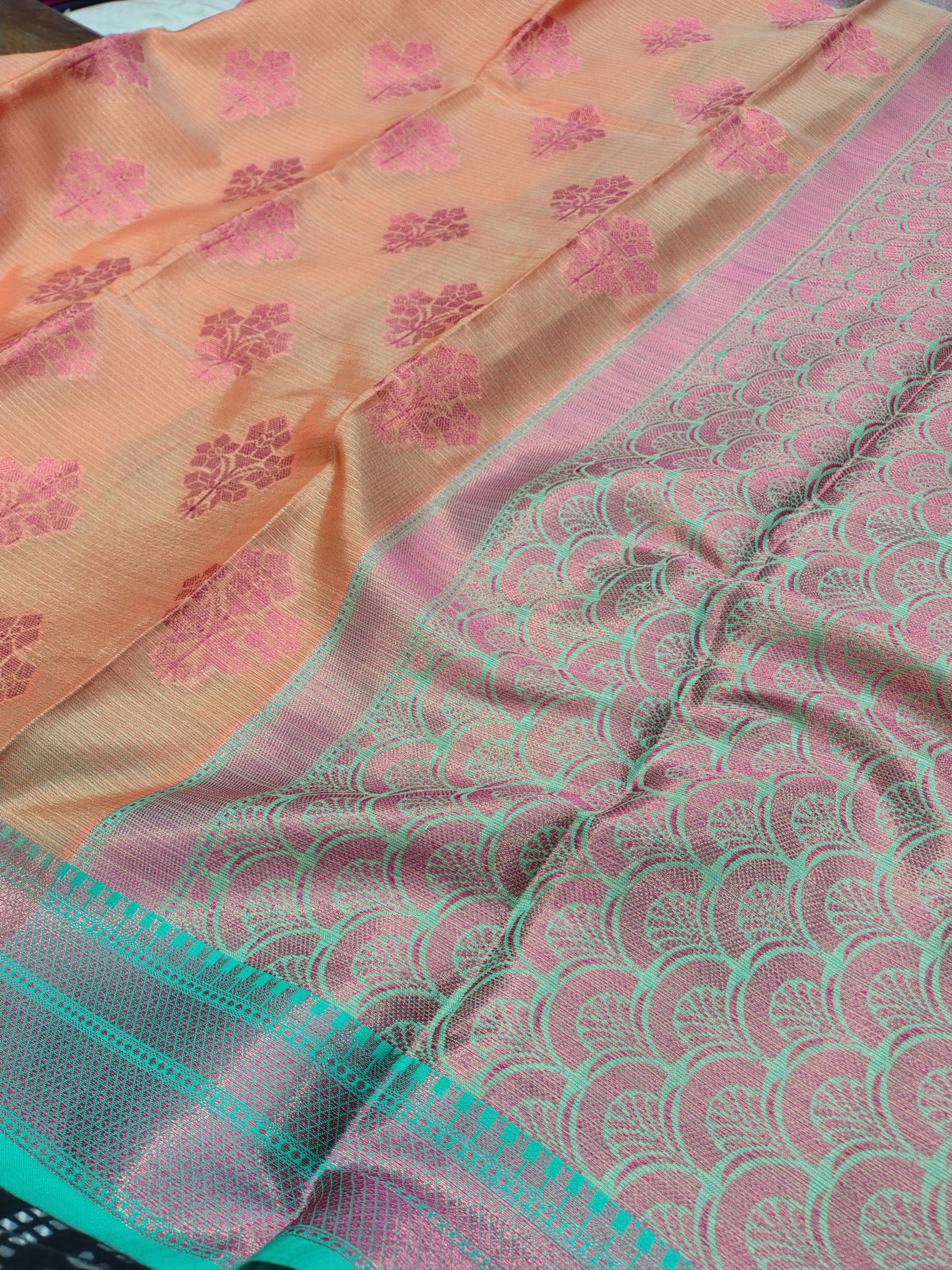 Orange Glass Check Banarasi Saree
