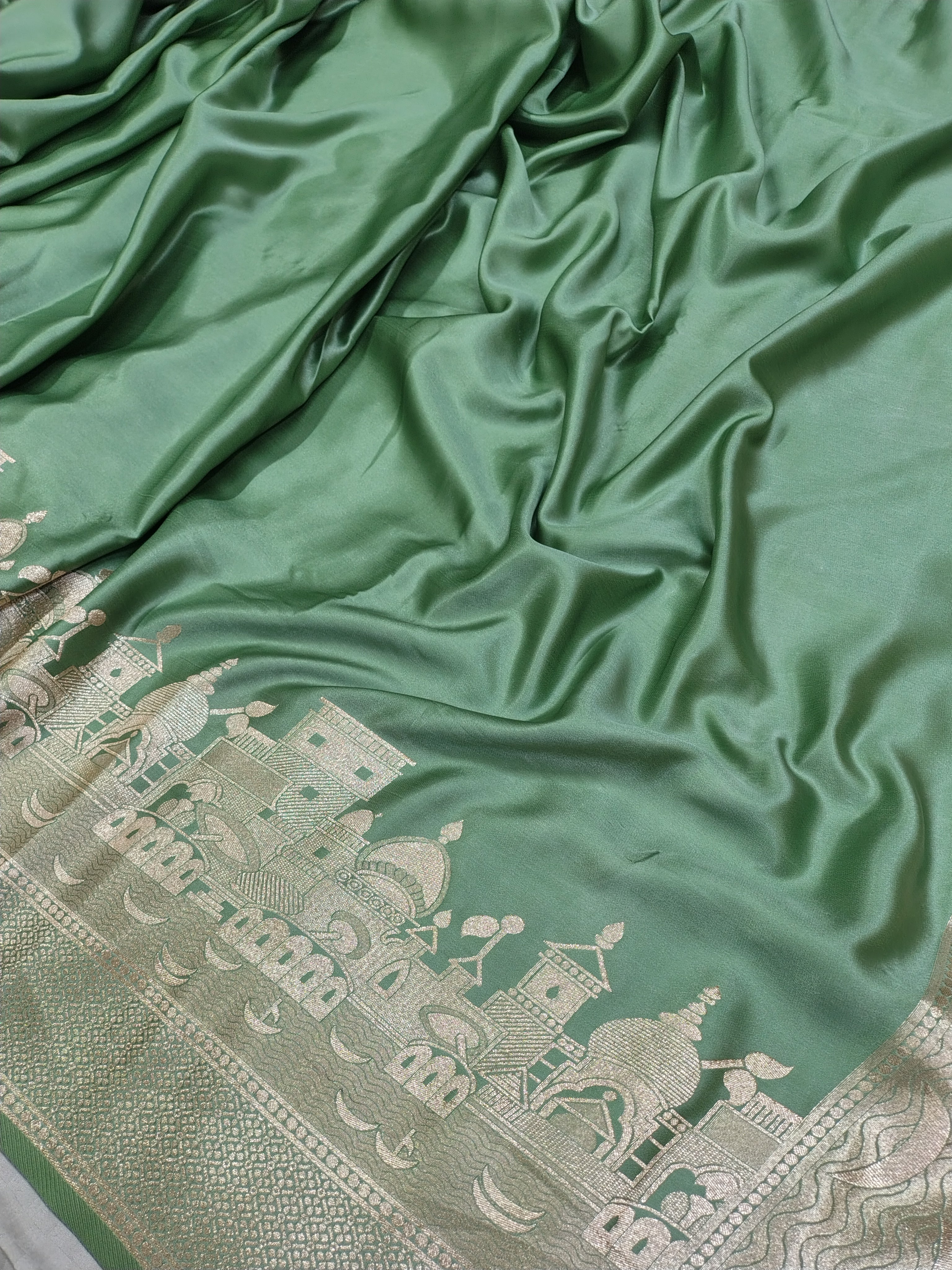 Pista Green Mashru Silk Saree with Ghat Design & Zari Work