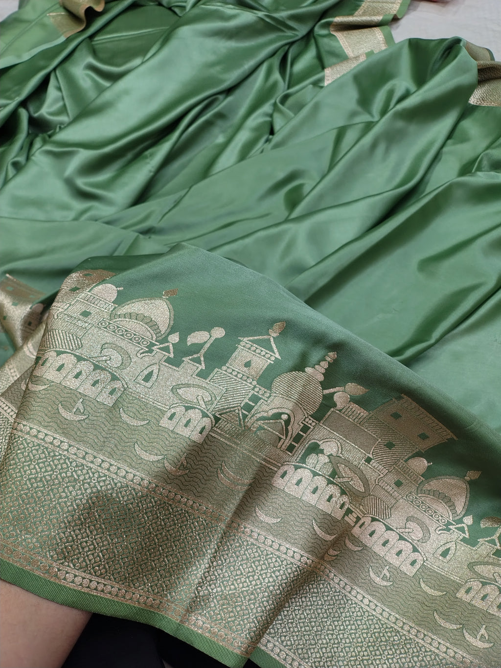 Pista Green Mashru Silk Saree with Ghat Design & Zari Work