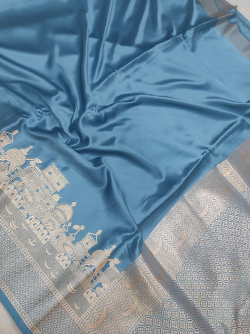 Blue Mashru Silk Saree with Ghat Design & Zari Work