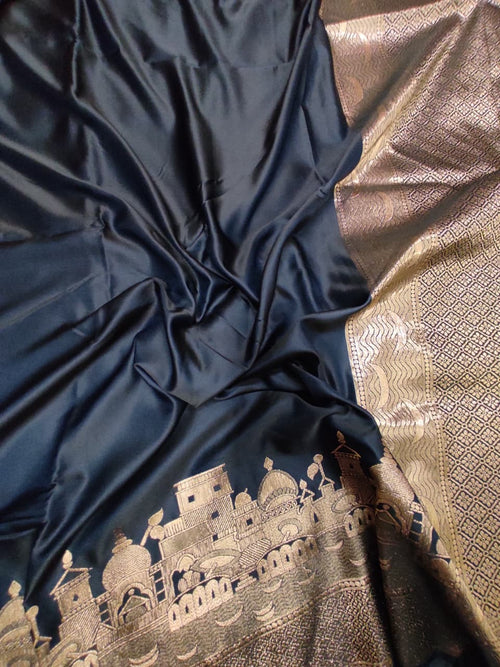 Black Mashru Silk Saree with Ghat Design & Zari Work
