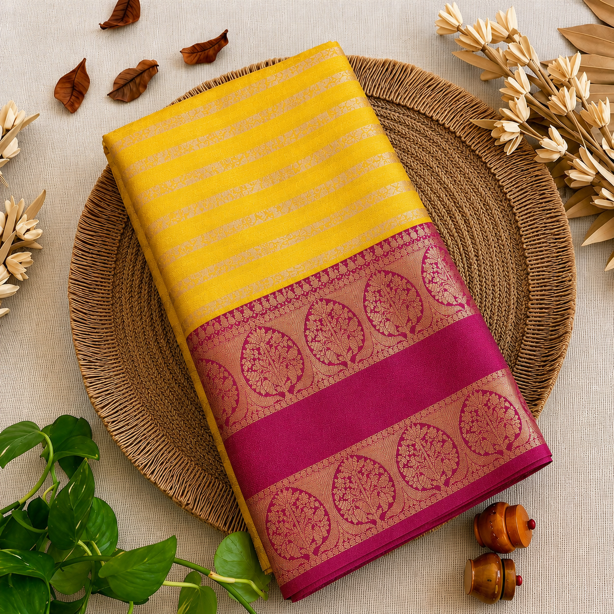 Yellow Banarasi Soft Silk Saree