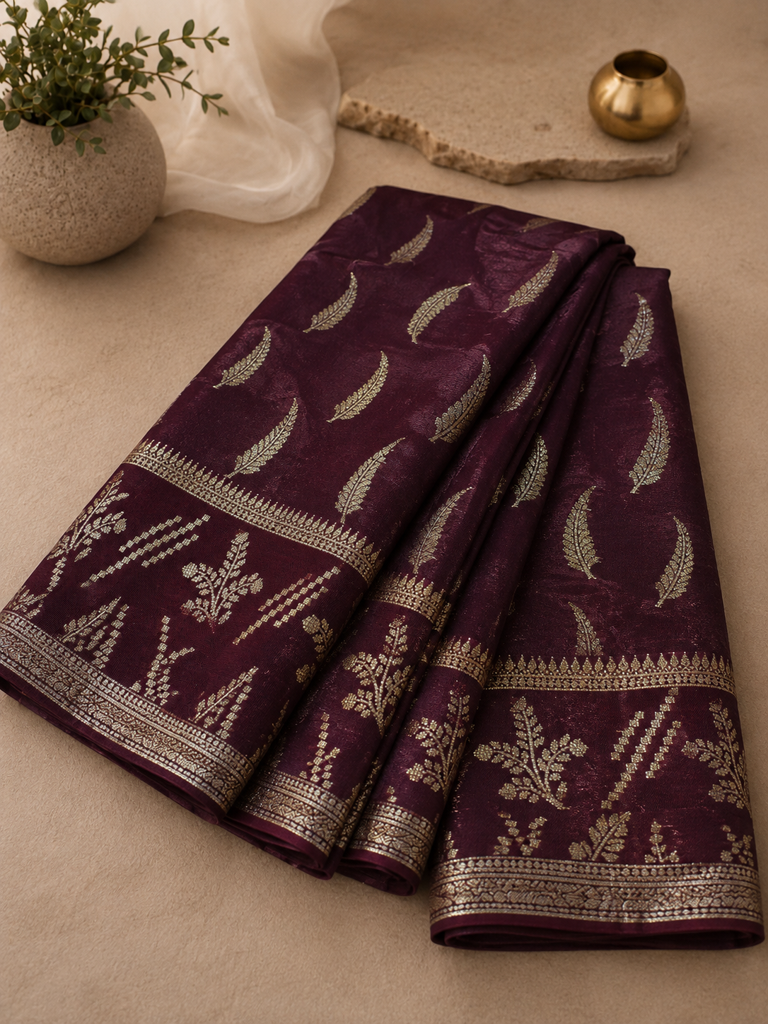 Deep Wine Georgette Banarasi Saree – Leaf Motif & Rich Pallu