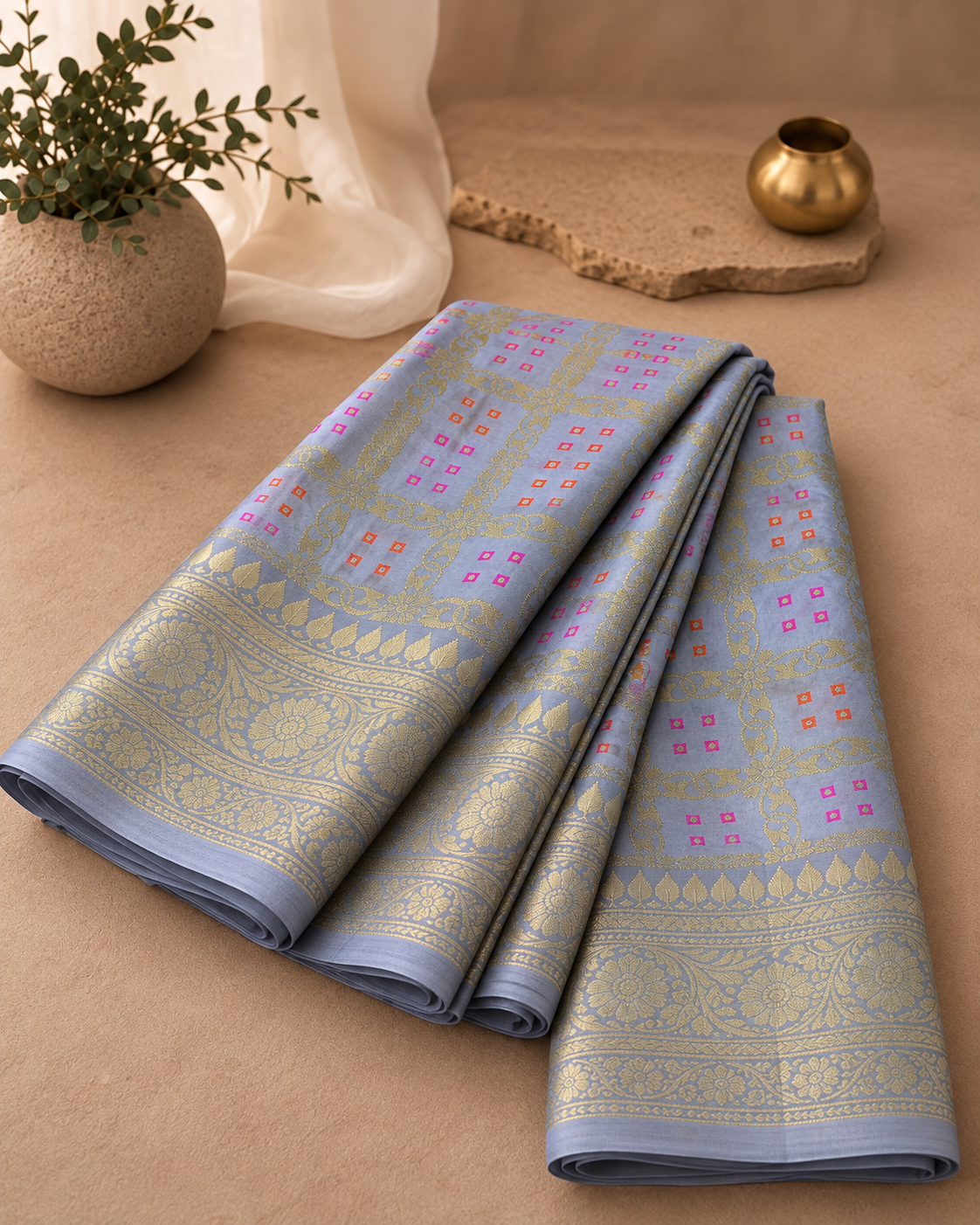 Dove Grey Banarasi Soft Silk Saree