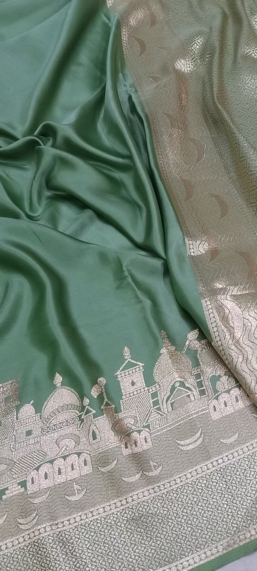 Pista Green Mashru Silk Saree with Ghat Design & Zari Work