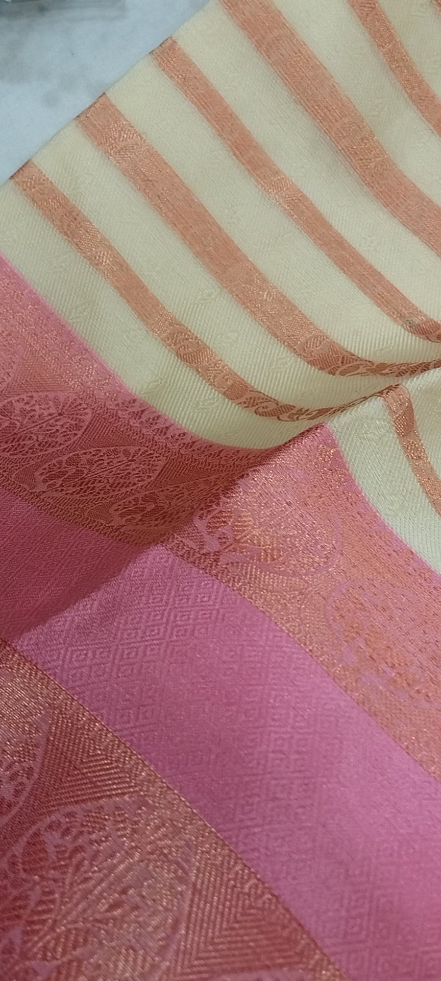 Off White Banarasi Art Silk Saree with Striped Design