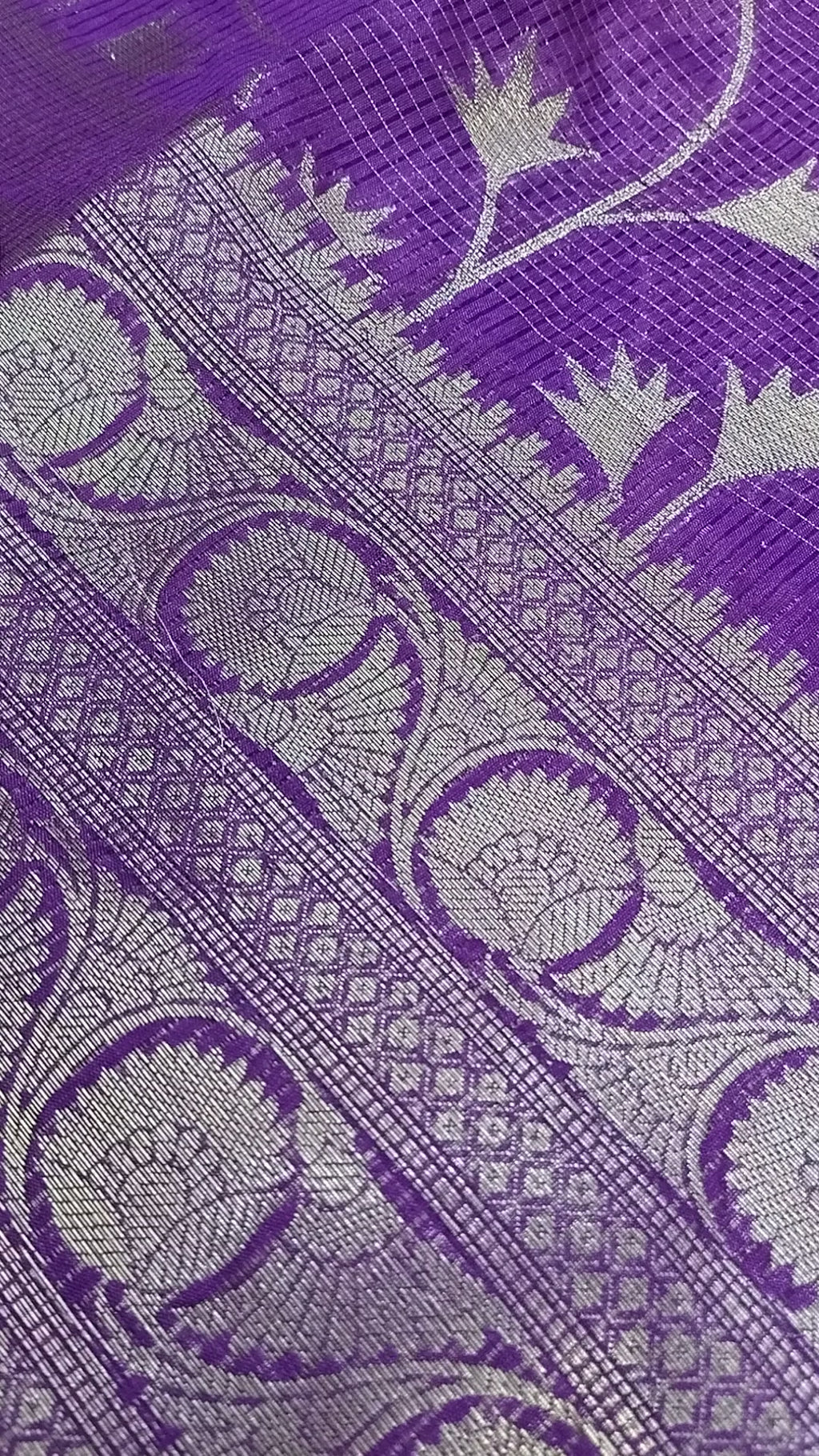 Purple Glass Check Banarasi Saree – Forest Jaal & Dual Border